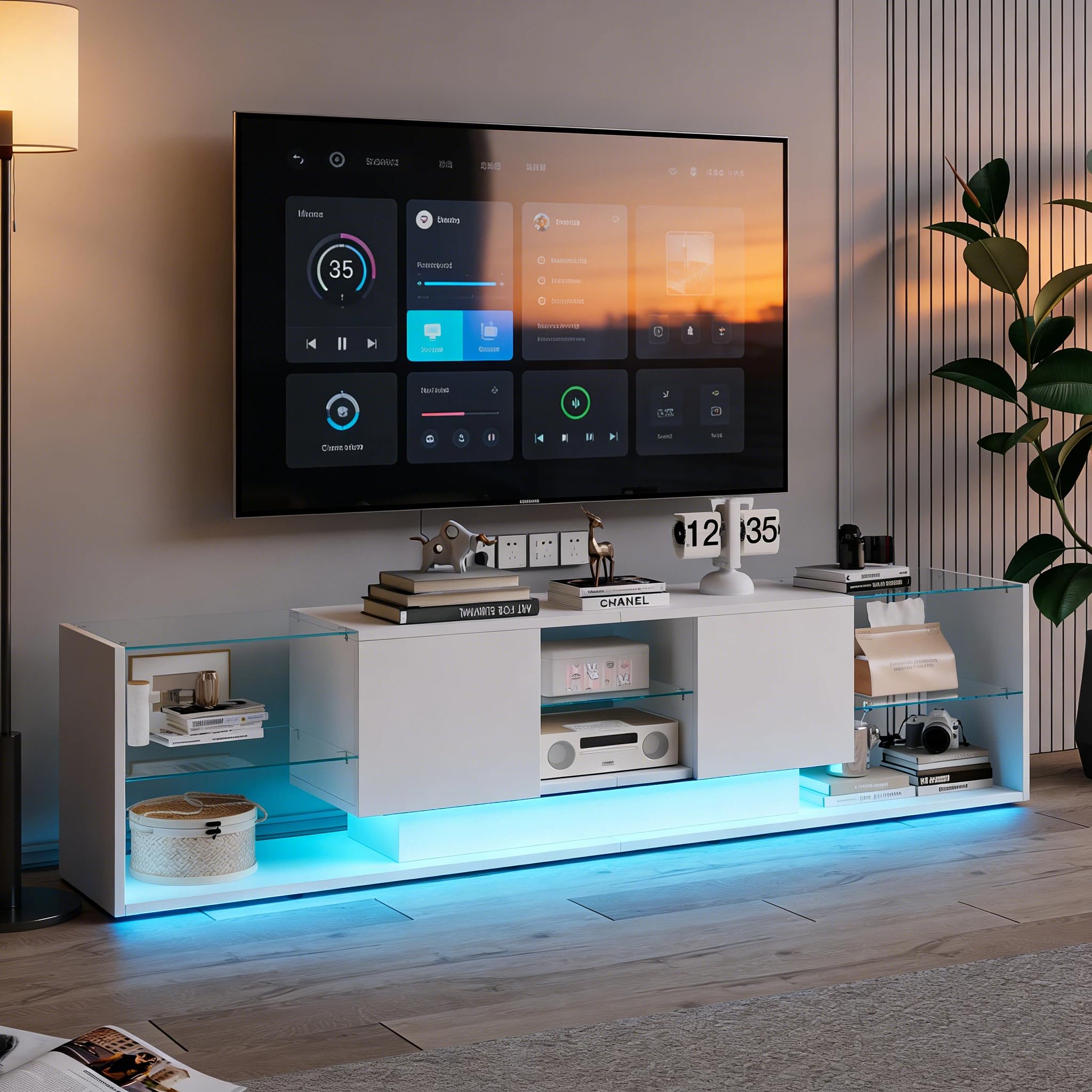 Meuble TV LED 200 cm, Meuble Télé Bas Moderne Brillant avec 2 Compartiments de Rangement et Étagère en Verre, Banc TV avec Rangement pour Salon, Design Contemporain, Blanc