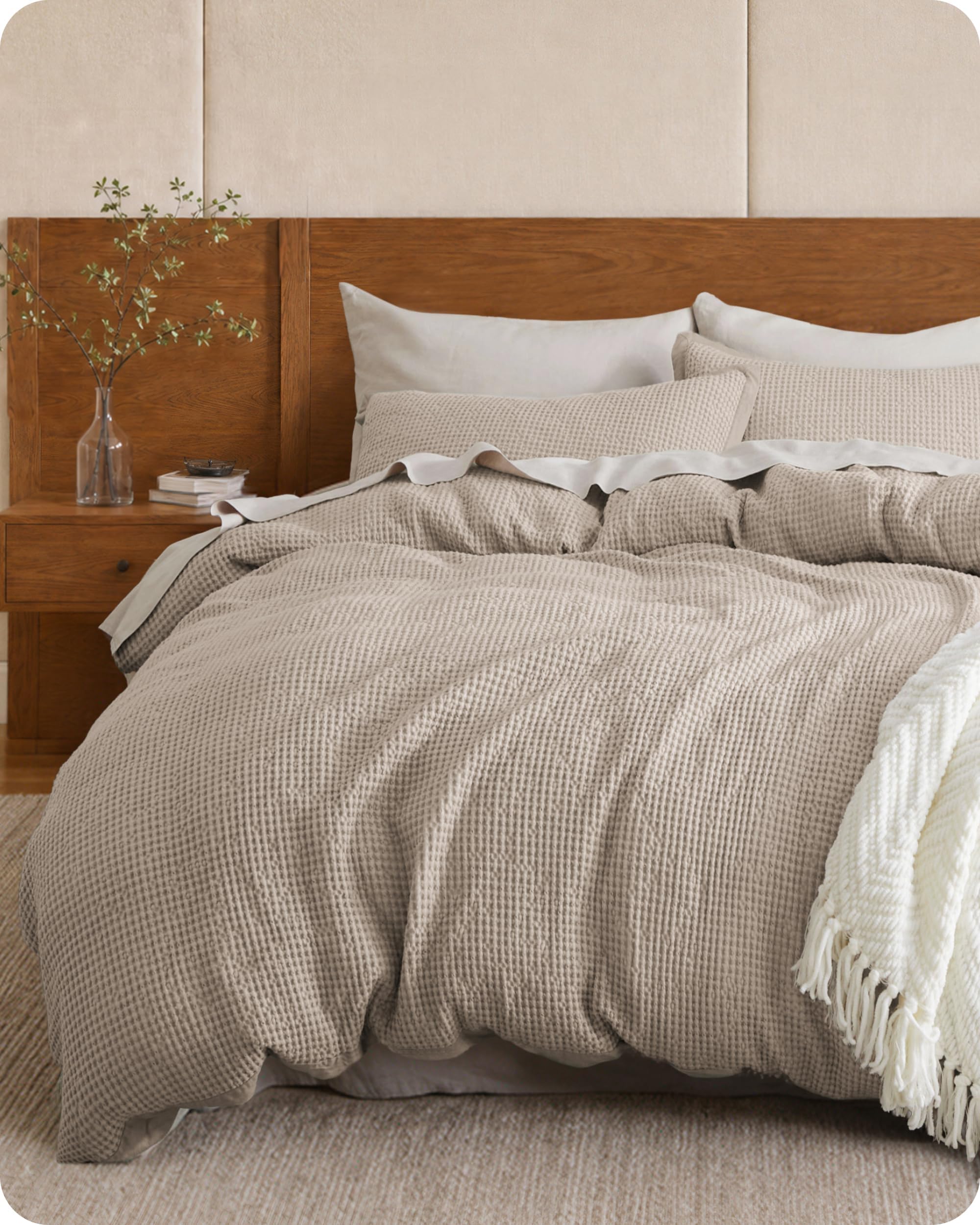 Bedsure Cotton Duvet Cover Queen - 100% Cotton Waffle Weave Khaki Duvet Cover Queen Size, PureWoven Breathable Tan Bedding Set for All Season, 3 Pieces, 90"x90"
