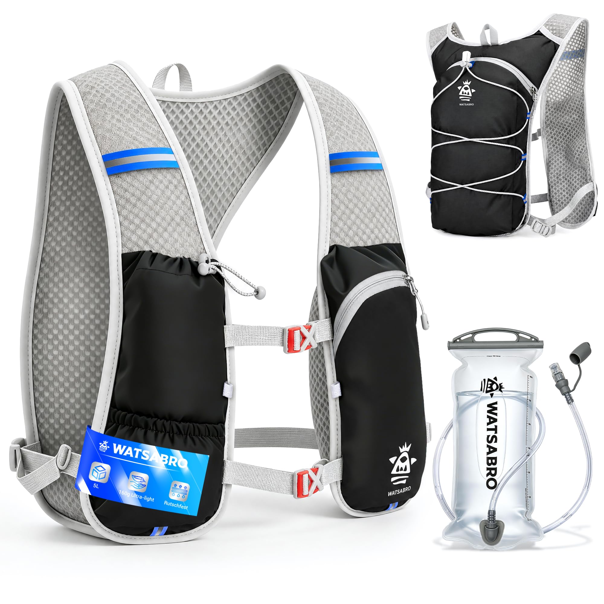 WATSABRO Running Vest Men and Women with 2L Hydration Bladder – 5L Lightweight Running Bag | Breathable Adjustable Running Vests Mens & Womens for Trail Running Jogging Cycling Hiking