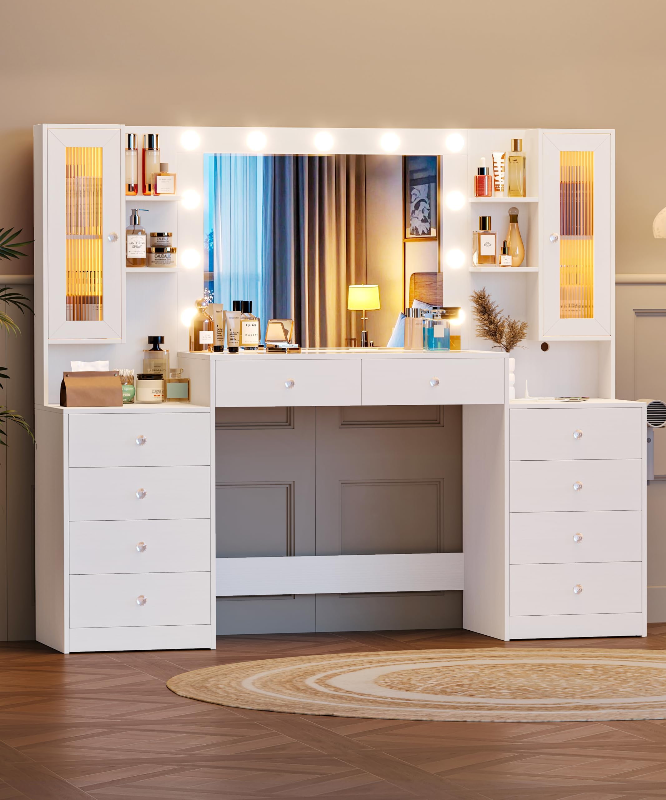 Rovaurx 62" Large Vanity Desk with Mirror, Lights and Power Outlet, Glass Top Makeup Vanity Table with 10 Drawers, 2 RGB Cabinets & Opening Shelves, Bedroom Dressing Table, White RSZT118W