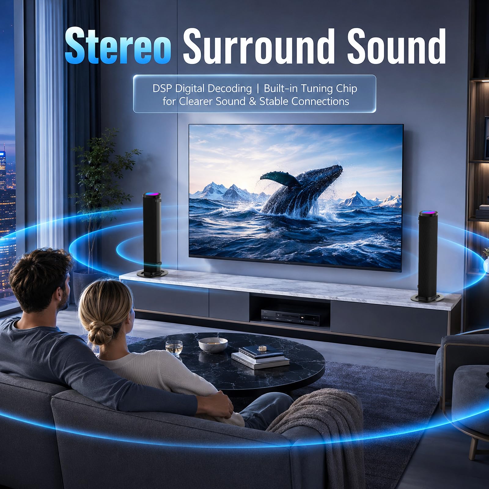 Soundbar für TV Geräte, 240 W Teilbare 2-in-1 Soundbar für TV (2.2CH) mit RGB Beleuchtung & 3 EQ Modi, Bass einstellbar, Bluetooth 5.3, inkl. ARC, Optisch, Aux USB für Fernseher, Monitor, Gaming
