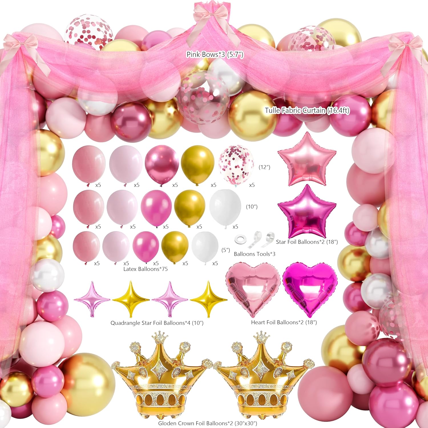 Princess Birthday Party Decorations, Pastel Floral Castle Party Supplies with Pink & Gold Balloon Arch Tulle Curtain Backdrop Banner Sash Crown Tablecloth Cake Topper for Girls Princess Party Decor