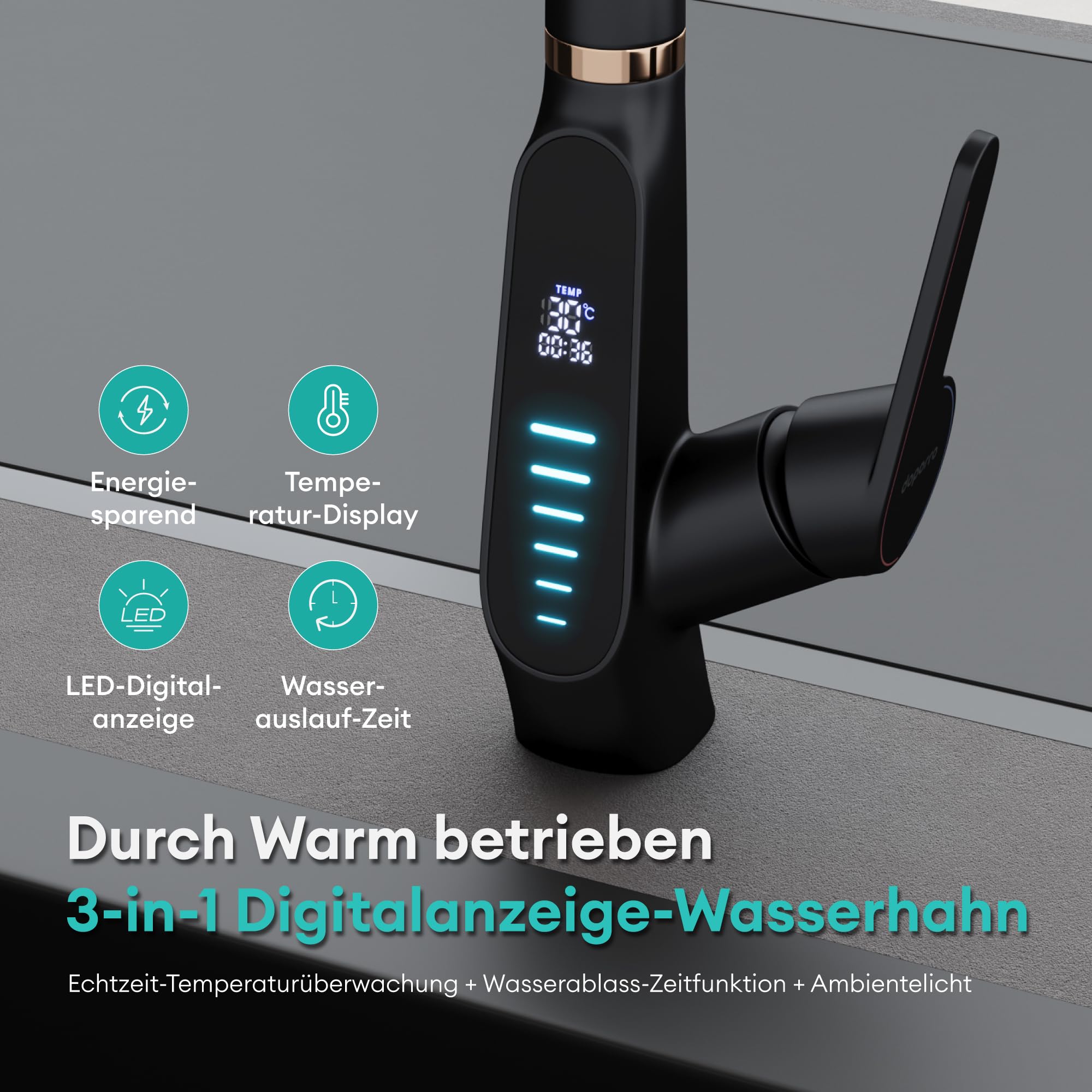 Mai & Mai Wasserhahn Küche ausziehbar, Küchenarmatur mit LED-Digitalanzeig | 360° drehbar Einhebelmischer Küche, 3 Wasserstrahl-Modi, Küchenwasserhahn Spültischarmatur Schwarz MS-8085
