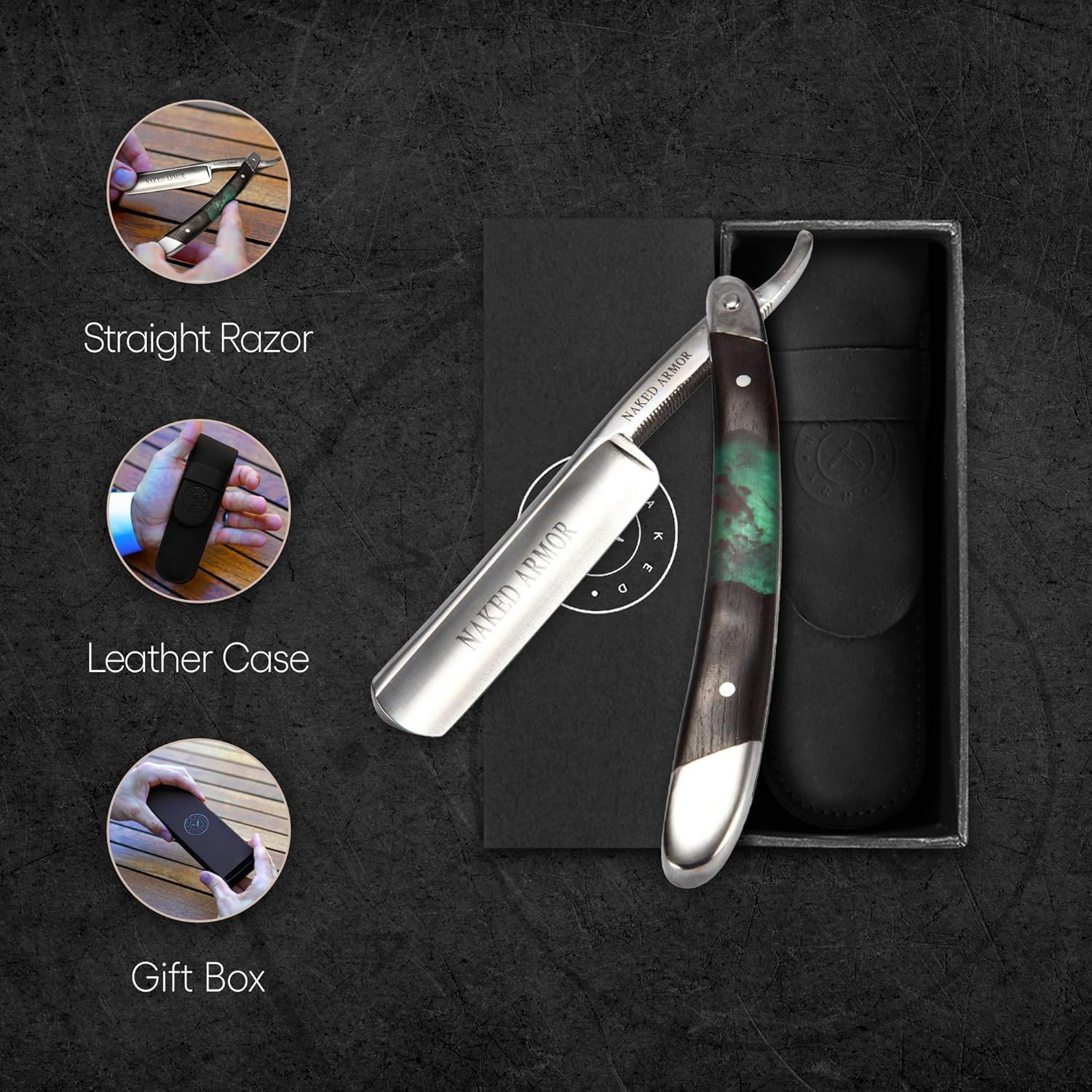 Naked Armor Professional Straight Razor for Men - Shave Ready 7/8" Japanese Steel Straight Edge Razor - Mador Series with Hand-Crafted Ebony Wood Handle, Leather Case & Gift Box