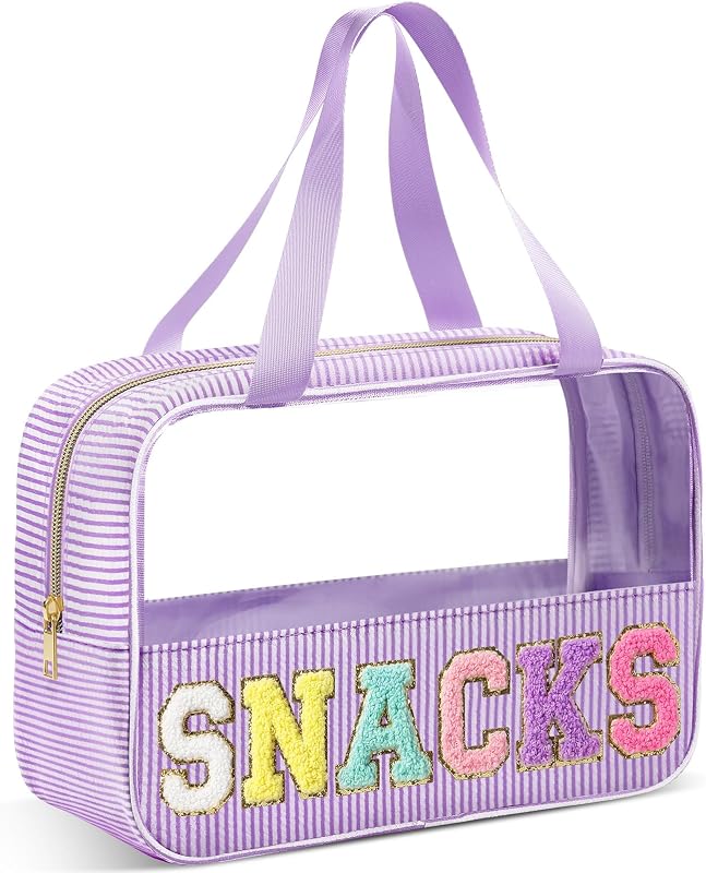 Necessaire de maquiagem Sanwuta com tecido seersucker listrado, alça e zíper, roxa