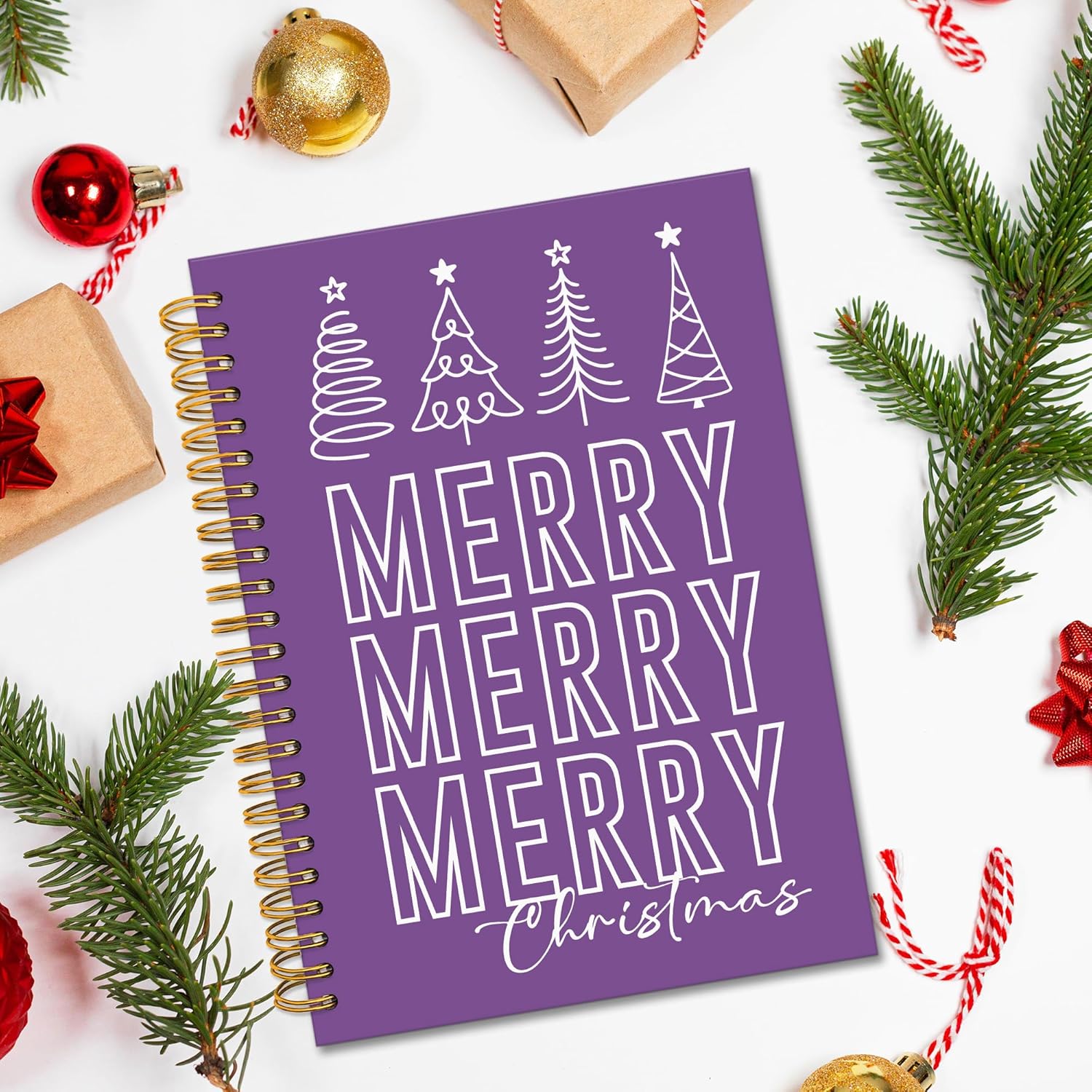 Purple Merry Christmas Tree Spiral Notebook, Winter Christmas Tree College Ruled Notebook Journal for School Office Supplies, Preppy Xmas Holiday Journaling Notebooks 5.5"x8.3" 164 Pages