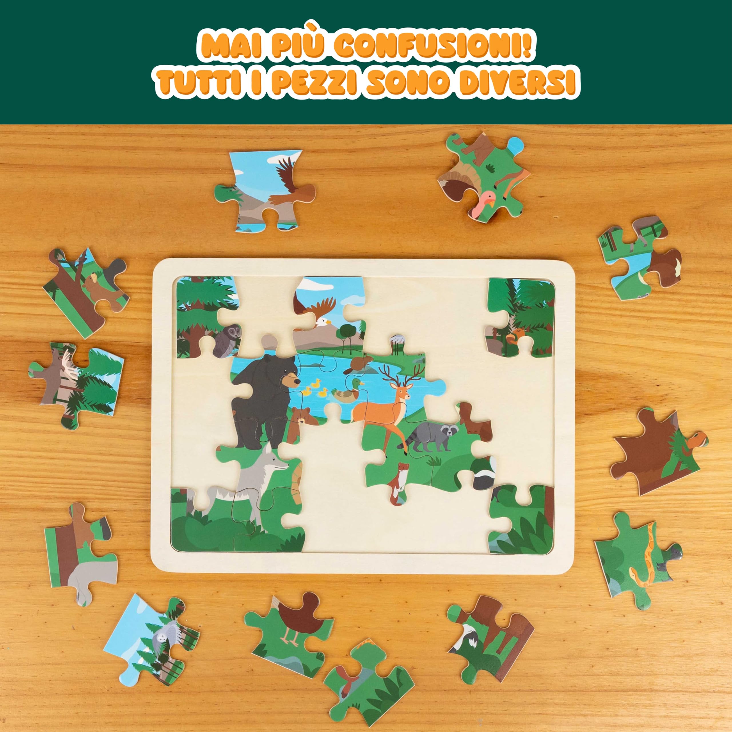 BONNYCO Puzzle Legno Bambini 6 Sets 24 Pcs Animali Ecosistemi Giochi Educativi Regalo Bambino Bambina Natale