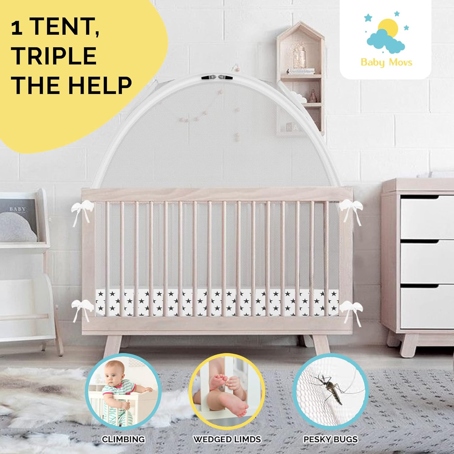 Crib Safety Canopy, Net, or Tent – Pop Up Mesh Cover Stops Climbing, Stuck Limbs – See-Through Netting for Baby & Toddler Bed with Ties, Zippers, Bags by Baby Movs, 53x27x51 in., Stars : Baby