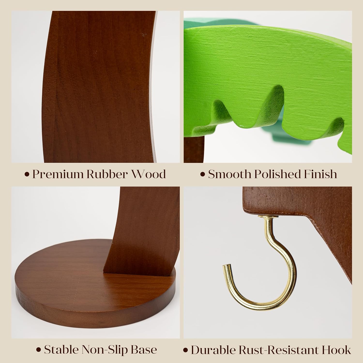 AELS Wooden Banana Holder with Tropical Leaf Design, Stainless Steel Banana Hanger Hook, Decorative Banana Stand for Kitchen Countertop, Stable Fruit Stand, Prevents Bruising, Green Leaf&Walnut Finish
