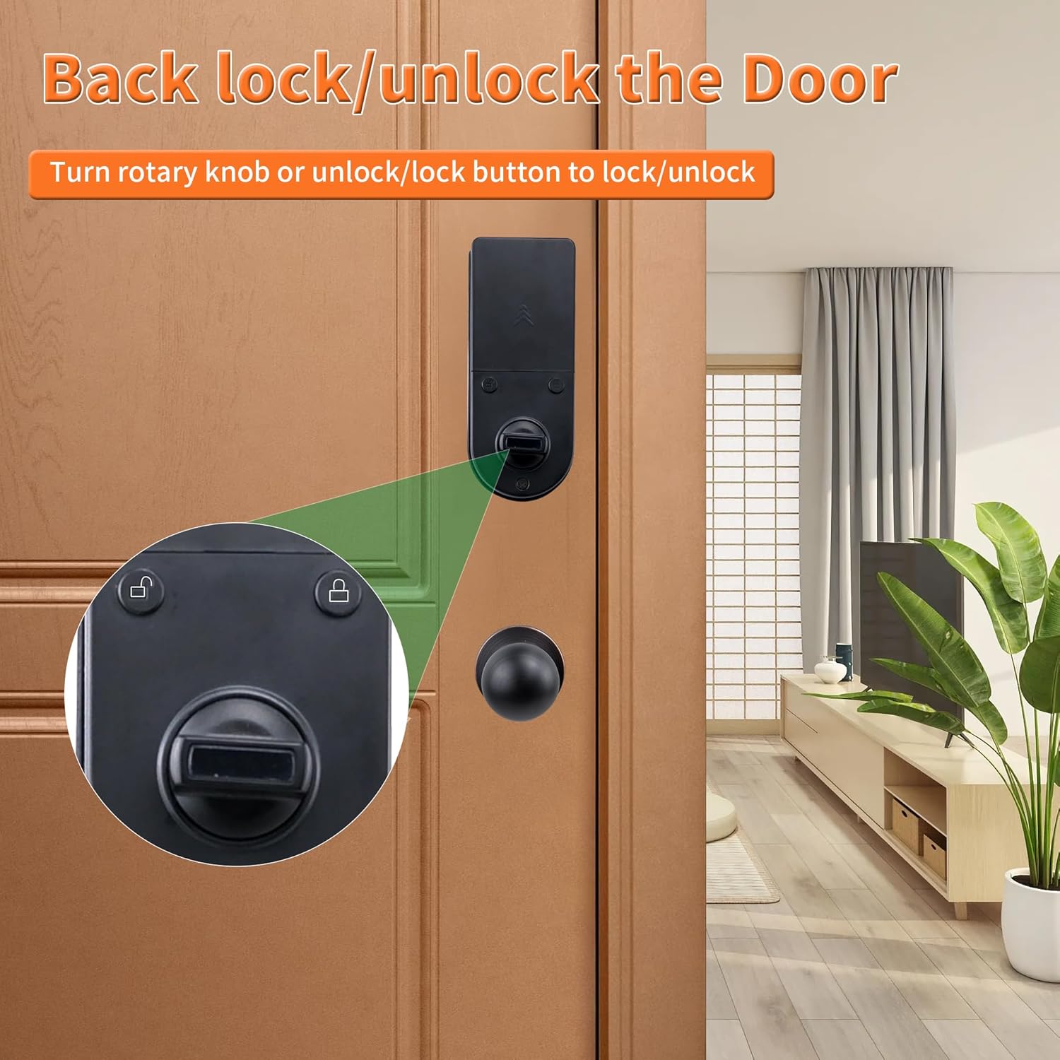 Diagram showing dimensions of the YOSIMIKA Smart Door Lock components, including the exterior panel, interior panel, and handle set, with measurements in millimeters and inches.