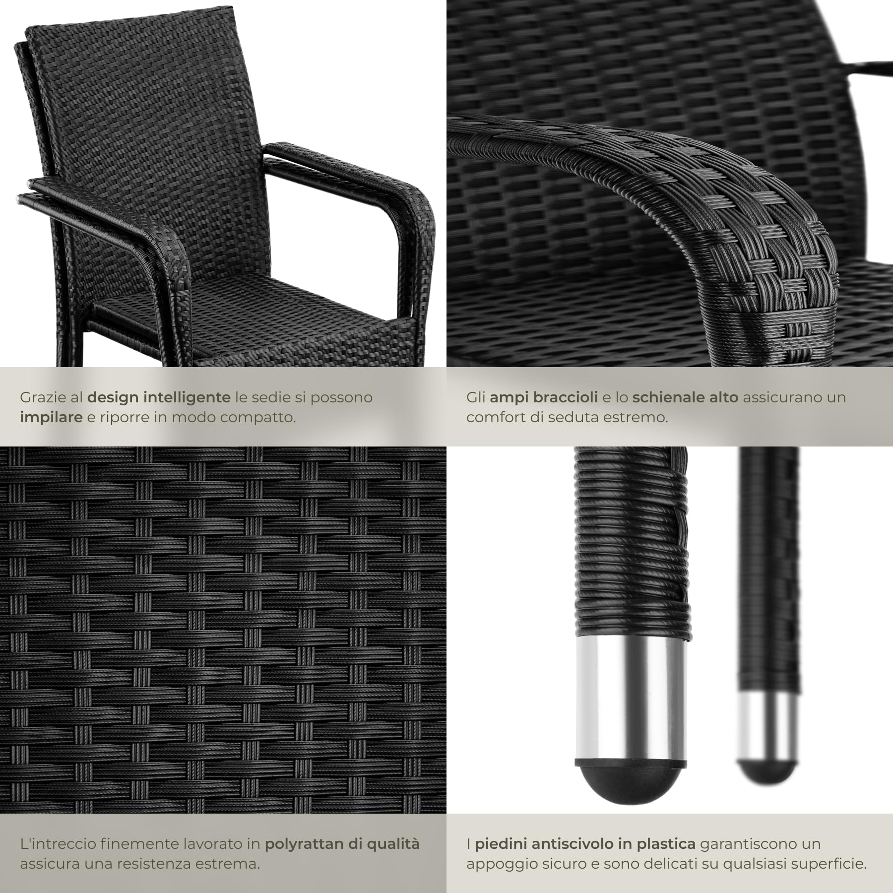 tectake® Set di 2 Sedie in Rattan, Impilabile, Rattan Resistente alle Intemperie, Schienale Alto, Struttura in Acciaio, Set Sedie Sala da Pranzo 2, Comfort e Stabilità per Interni ed Esterni, Nero