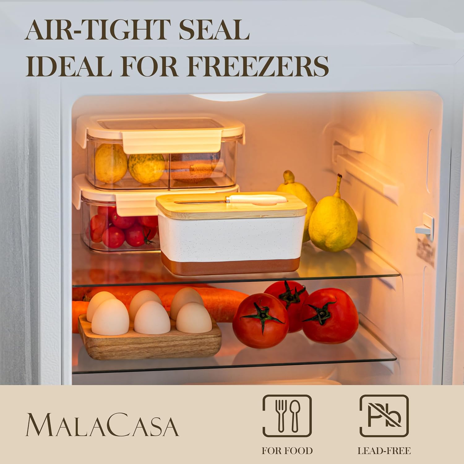 MALACASA Butter Dish with Lid, Large Butter Dish for Countertop, Ceramic Butter Keeper Container with Knife and Bamboo Lid, White, Series TARA