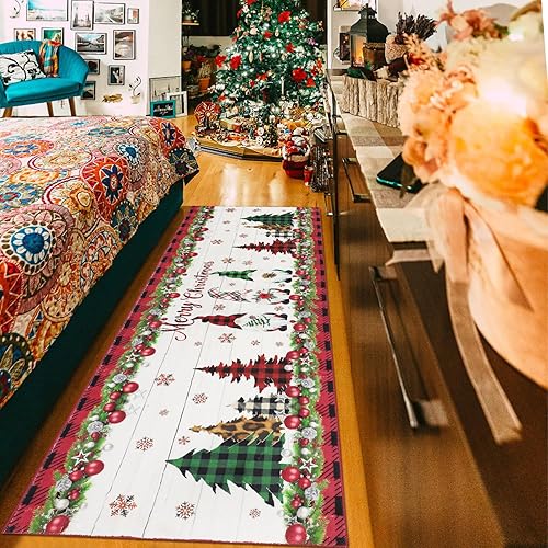 Miniatura 6 de Homcomoda Alfombras de pasillo de gnomos de Navidad, antideslizantes, 2 x 6 pies, alfombras de camino de cocina de granja, lavables, color rojo,