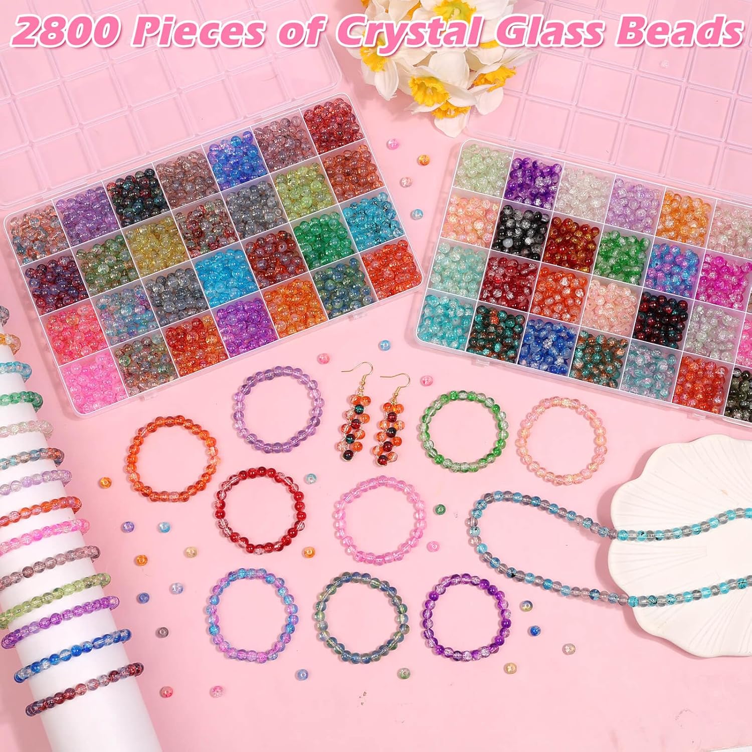 shynek 2800 6mm Glass Beads for Bracelets, 56 Colors Crystal Beads for Jewelry Making, Bracelet Making and DIY Crafts(28 Crackle Colors and 28 Ink Patterns Colors) - Image 2
