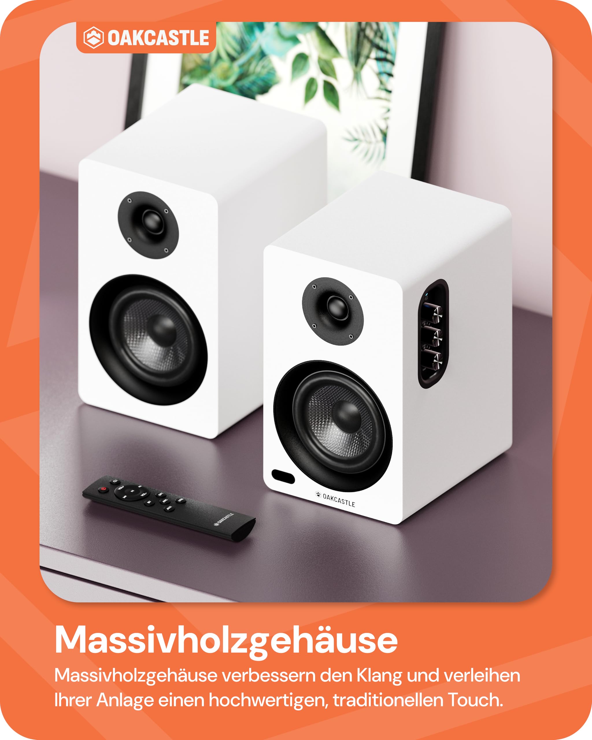 Oakcastle BK100 Lautsprecher Boxen Bluetooth 5.4 | 60W 2.0 Regallautsprecher | HiFi Lautsprecher für Fernseher mit HMDI ARC | Desktop PC-Lautsprecher für Gaming mit Inklusive Fernbedienung (Weiß)