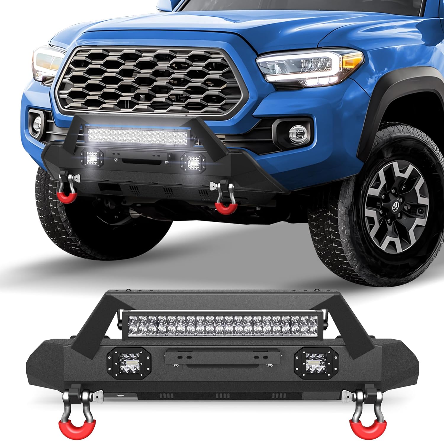 16-23 Tacoma Front Bumper Stubby Offroad Bumper w/Winch Plate, 144W Light Bar, 2x18w Lights, D-rings, Skid Plate, License Plate Bracket for 2016-2023 Tacoma Pickup Trucks
