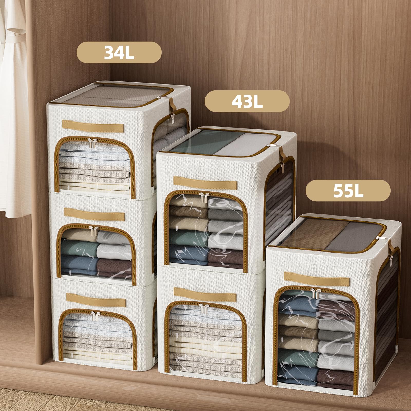 CYhom Contenitori per vestiti con struttura in metallo, 3 aperture per finestre trasparenti, confezione da 3 contenitori pieghevoli per armadio (bianco, 43 L, 43 x 12,6 x 32,6 cm)