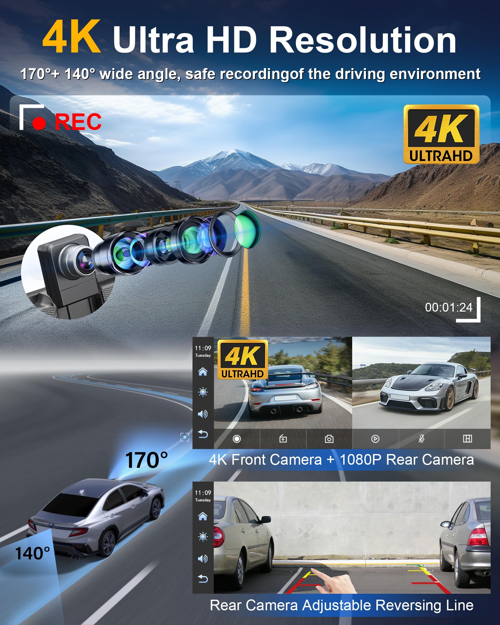 11,26" Toccare Schermo 4K Android Carplay Auto con 350°Fotocamera Anteriore | Schermo Carplay Android Auto, Car Play per Navigazione GPS G-senor Registrazione Loop