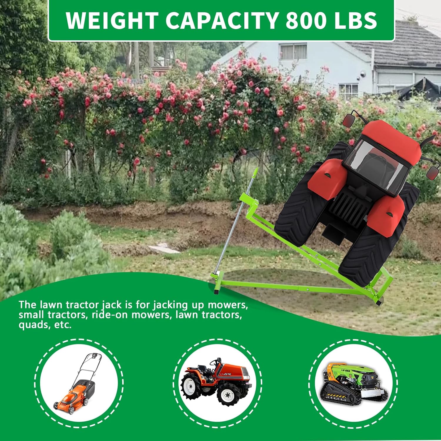 Lawn Mower Lift Jack - 800 Lbs Capacity Lawn Tractor Lifter with Manual Handle & Power Tool Extension Handle | Adjustable Telescopic Maintenance Jack for Garden Tractors & Riding Lawn Mower Green