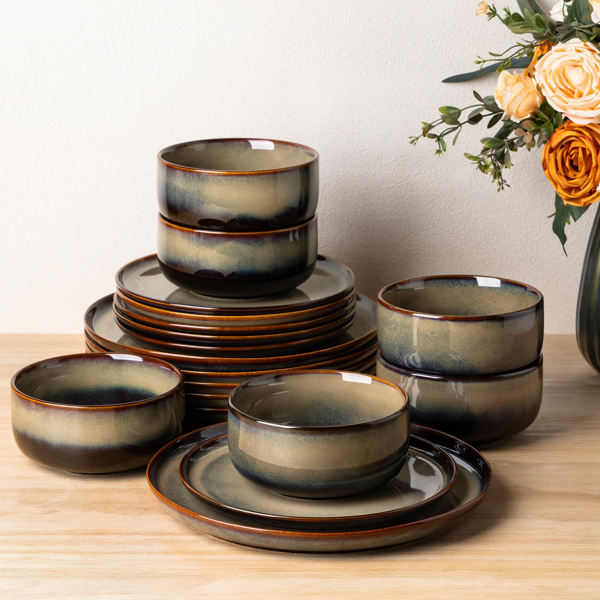 Ceramic Dinnerware Set for 6, 18-Piece Plates and Bowls Set | Handmade Reactive Glaze Dish Set, Scratch Resistant, Oven &amp; Microwave &amp; Dishwasher Safe, Mocha Brown