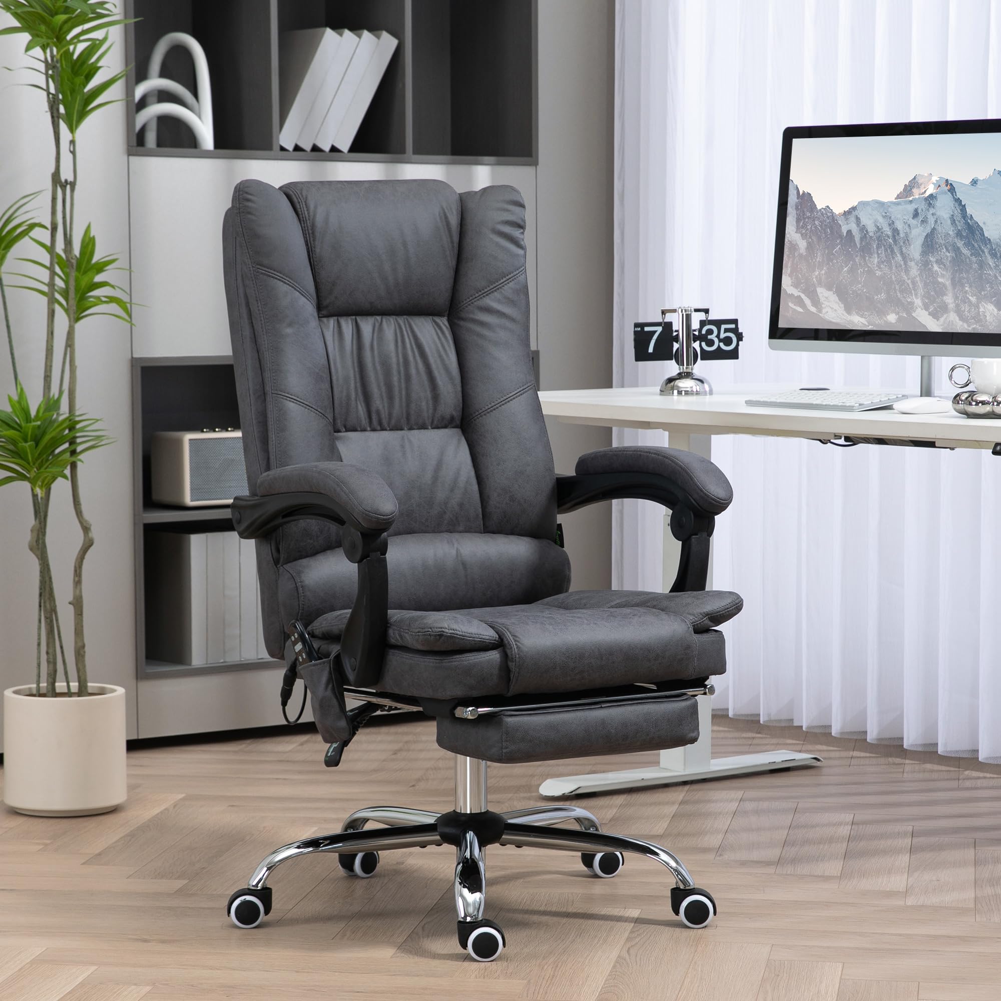 Vinsetto Bürostuhl mit Vibrationsmassage, aus Mikrofaser, Dunkelgrau | Ergonomischer Chefsessel, Lendenwärmer, Schreibtischstuhl, Liegefunktion, Fußstütze, Höhenverstellbar, mit Seitentasche