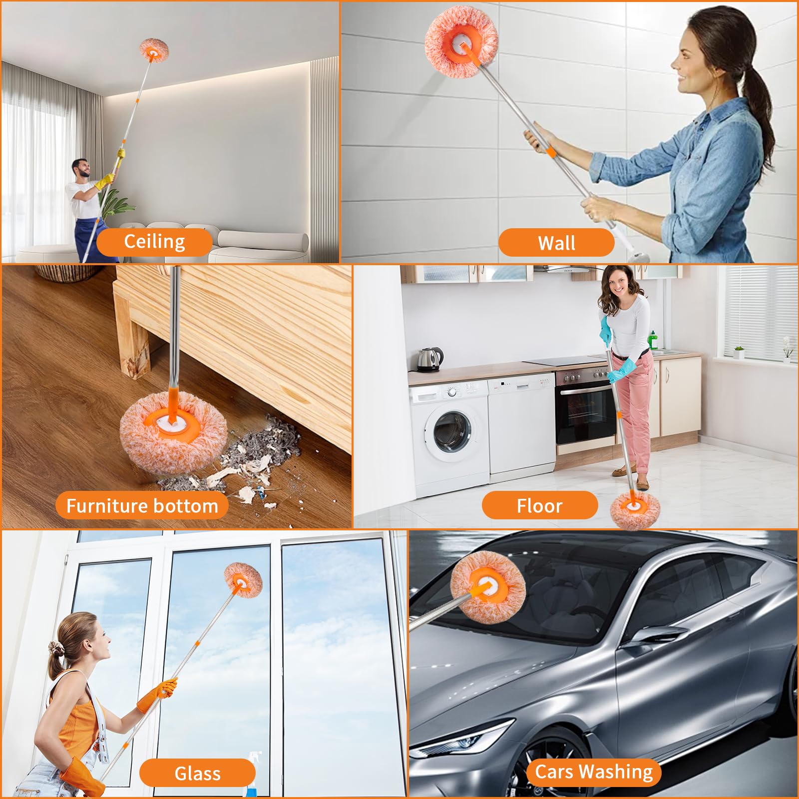 Mopa de limpieza giratoria ajustable de 360 grados con 5 cabezales de fregona, limpiador de pared de 78 pulgadas con mango largo, trapeador de polvo presenciado, fregona de limpieza de pared de