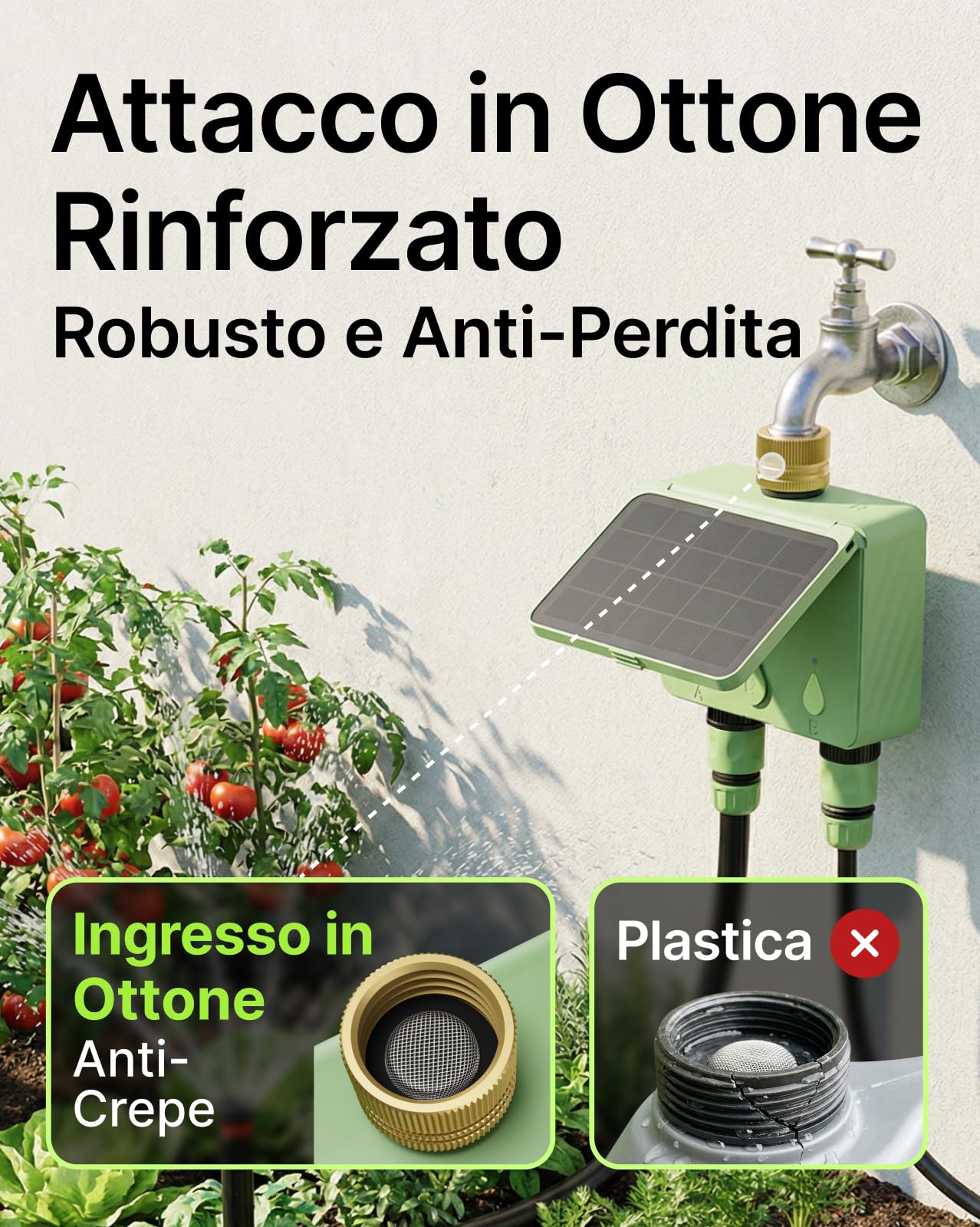 Centralina Irrigazione WiFi 2 Vie Solare, Computer Irrigazione Connesso con Flussometro, Senza Hub, Ingresso dell'acqua in Ottone, Irrigazione Automatica per Giardino (App/Alexa)