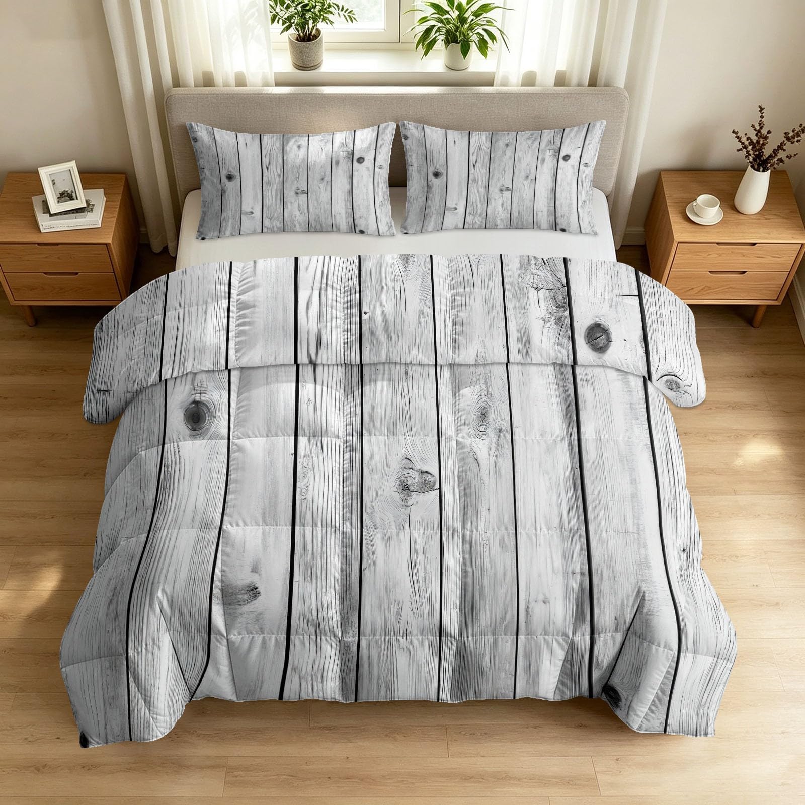 Poszewka na kołdrę podwójną, 7,5 tog z 2 poszewkami na poduszki – 200 x 200 cm, dwustronna kołdra całoroczna, minimalistyczna industrialna struktura drewna, lekka i przytulna, antyalergiczna, można