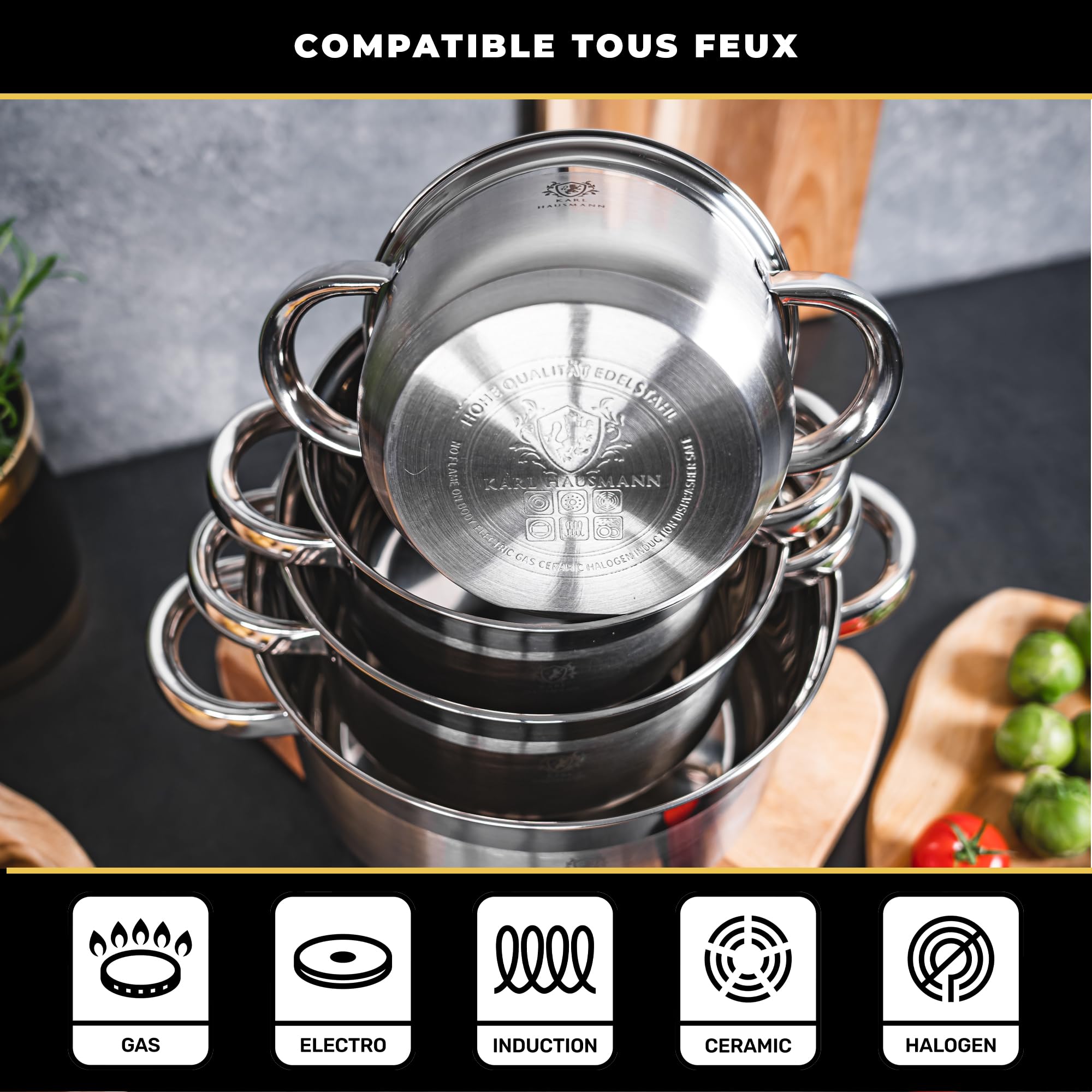 KARL HAUSMANN Batterie de Cuisine 4 pcs Inox avec Couvercles Thermomètre - Casseroles Induction, Set Cuisine Quotidienne, Tous Feux Gaz, Électrique, Vitrocéramique, 4 Tailles