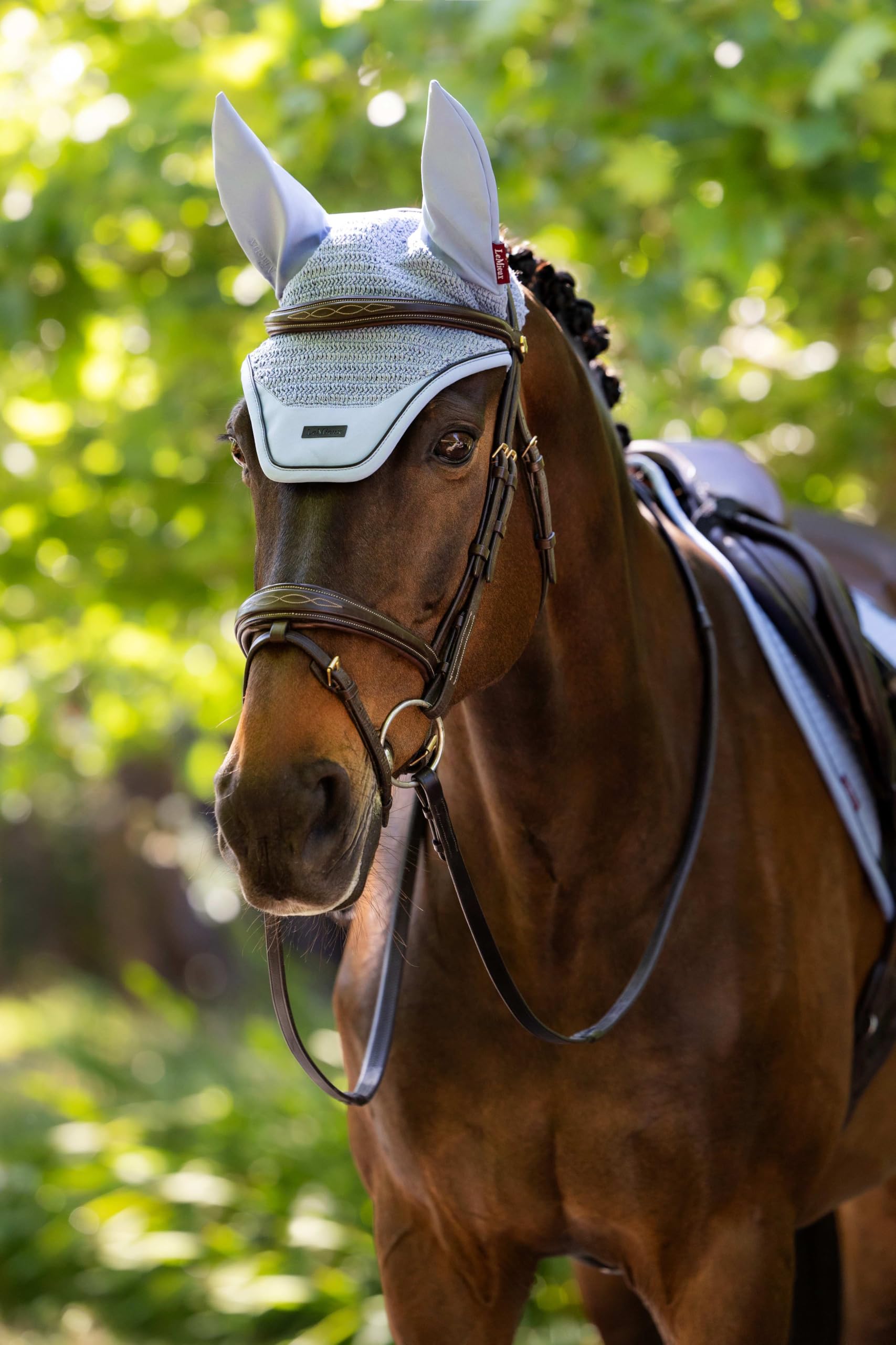 LeMieux Essence Akustik-Fliegenhaube - Puderblau - XL | Equestrian Horse Riding Fly Hood - Sitzt unter Zaumzeug Kopfbedeckung - Vervollständigen Sie Ihr Matchy Matchy Set
