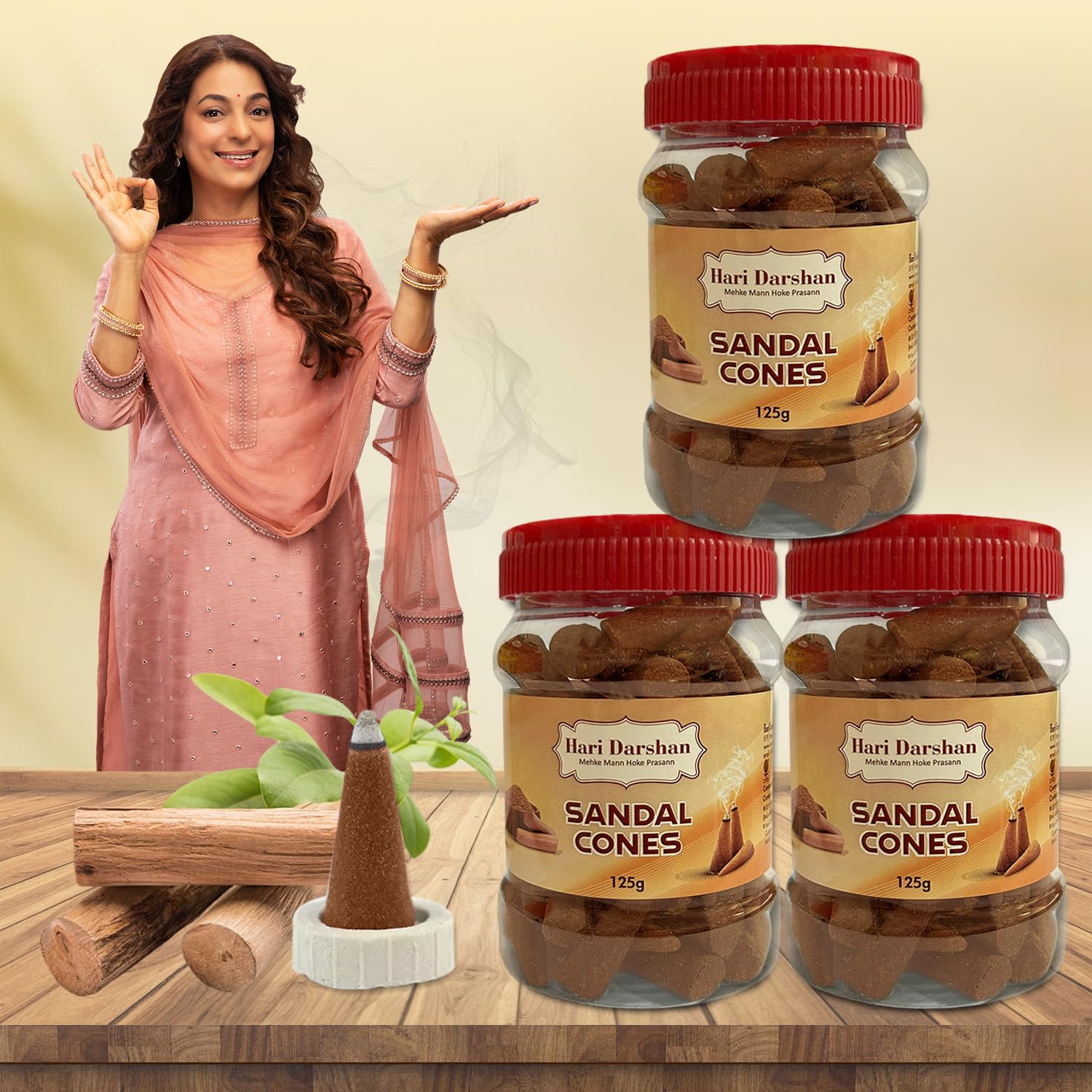 Hari Darshan Sandal Dhoop Cones - Organic Dry Dhoop with Long-Lasting Fragrance for Daily Pooja Meditation & Yoga | Non-Charcoal -Pack of 3 (125g Each)