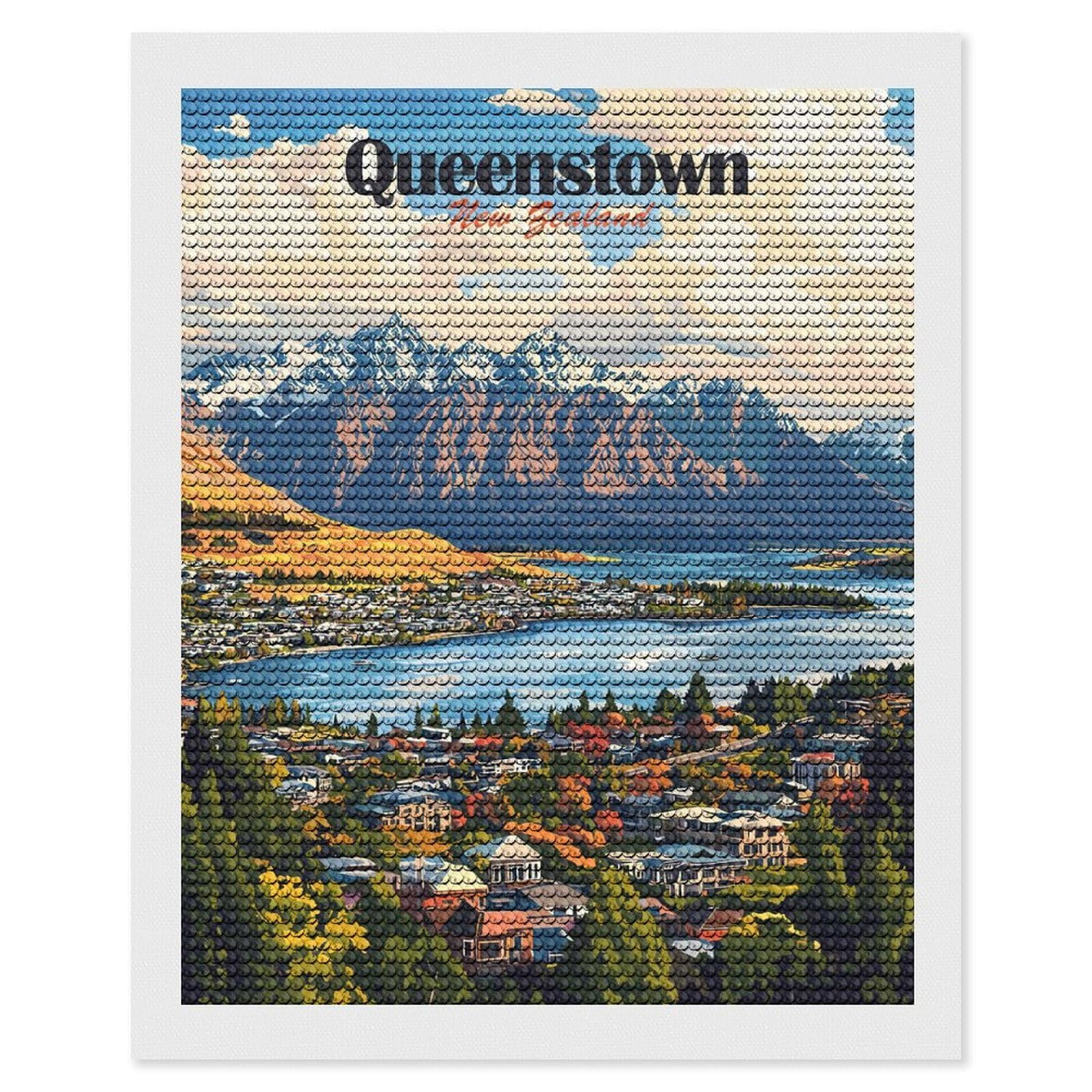 Junmoney Queenstown New Zealand Scenic Landscape Art Crystal Diamond Art Kit 16"x20", Stress Relief Craft, Decorative Artwork, Vintage Style Decor, Birthday Gift