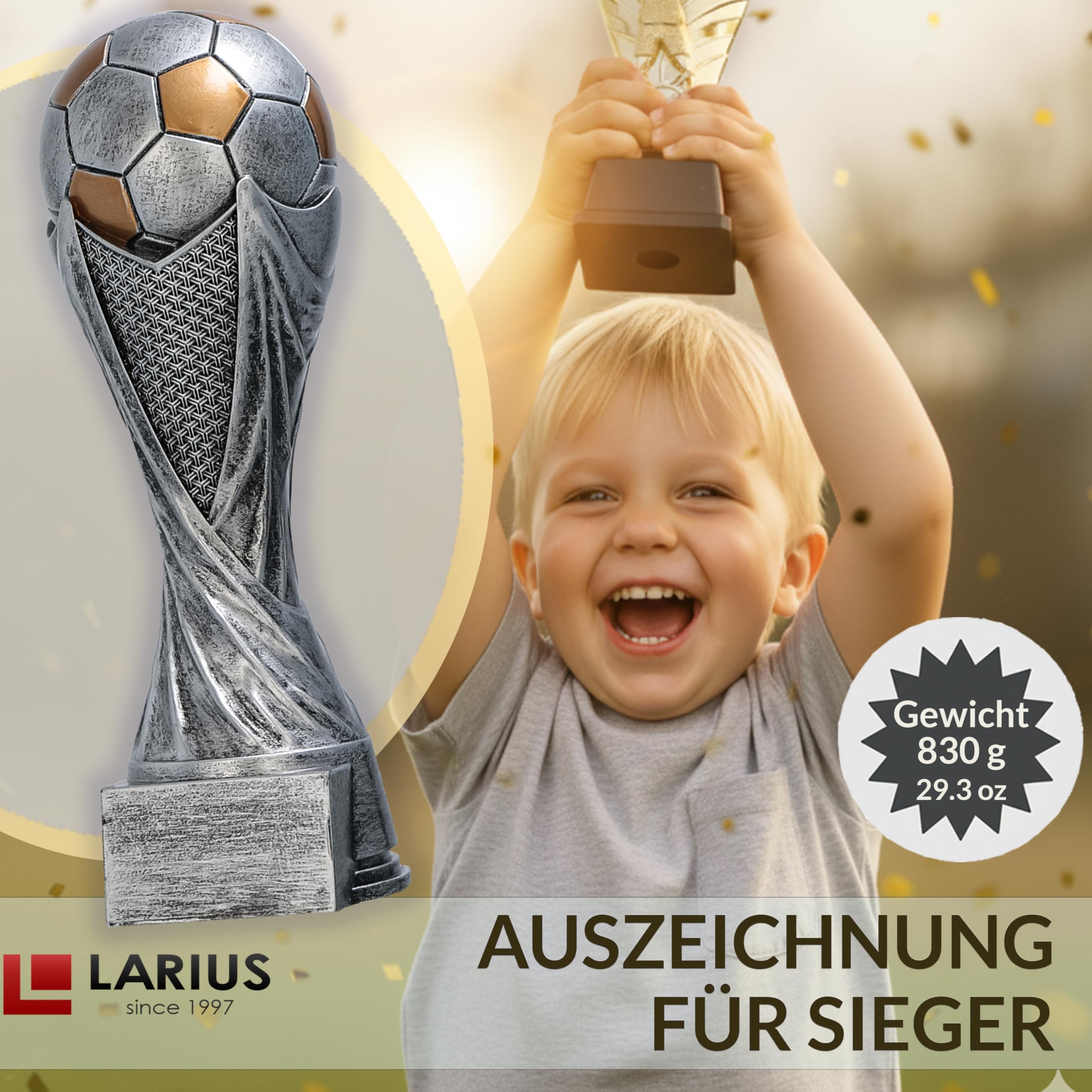 Larius Trophée Football avec Ballon 15–21 cm (300–830 g) – Coupe Lourde en Résine avec Gravure Optionnelle – pour Tournois, MVP, Meilleur Buteur & 1re–3e Place – M5