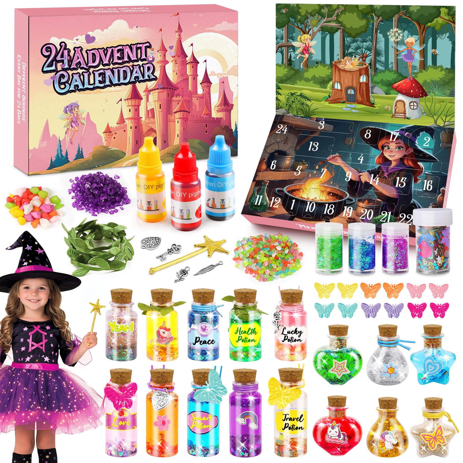 Calendario Adviento Kinder 2026, 24 Fabulous Potion Manualidades Niña, Pocimas Magicas Juguete Misteriosas Regalo Creativos para Navidad, Fairy Potion Kit para Hadas Niños 6 7 8 9 10 Años