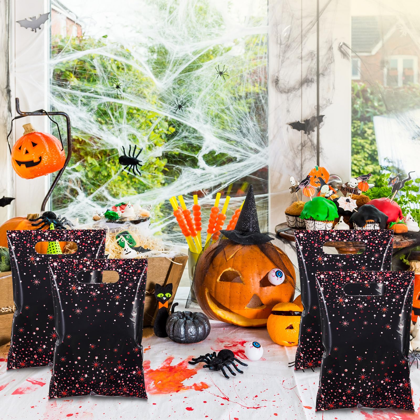 Pasimy 50 Stück schwarze und rote Party-Geschenktüten, gestanzt, Kunststoff, Leckerli-Merchandise-Artikel mit Griff, für Geburtstagsparty, Hochzeit, Brautparty, Babyparty, Weihnachten, Neujahr
