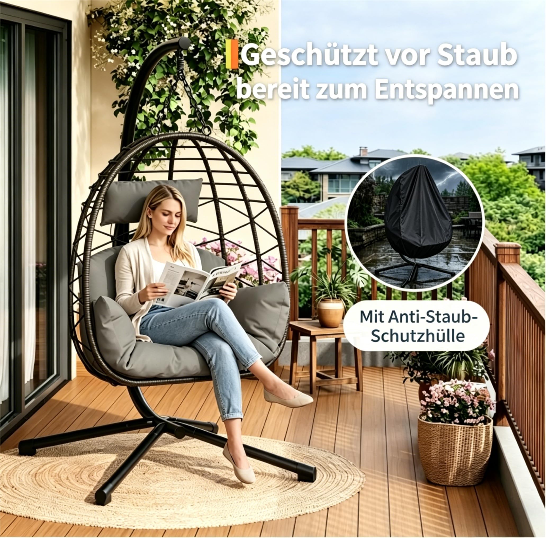 Hängesessel mit Gestell, wetterfestes PE-Rattan mit Metallgestell, bis 150 kg belastbar, mit Polster und Schutzabdeckung, für Garten, Terrasse, Balkon, Wohnzimmer (Indoor & Outdoor), Grau