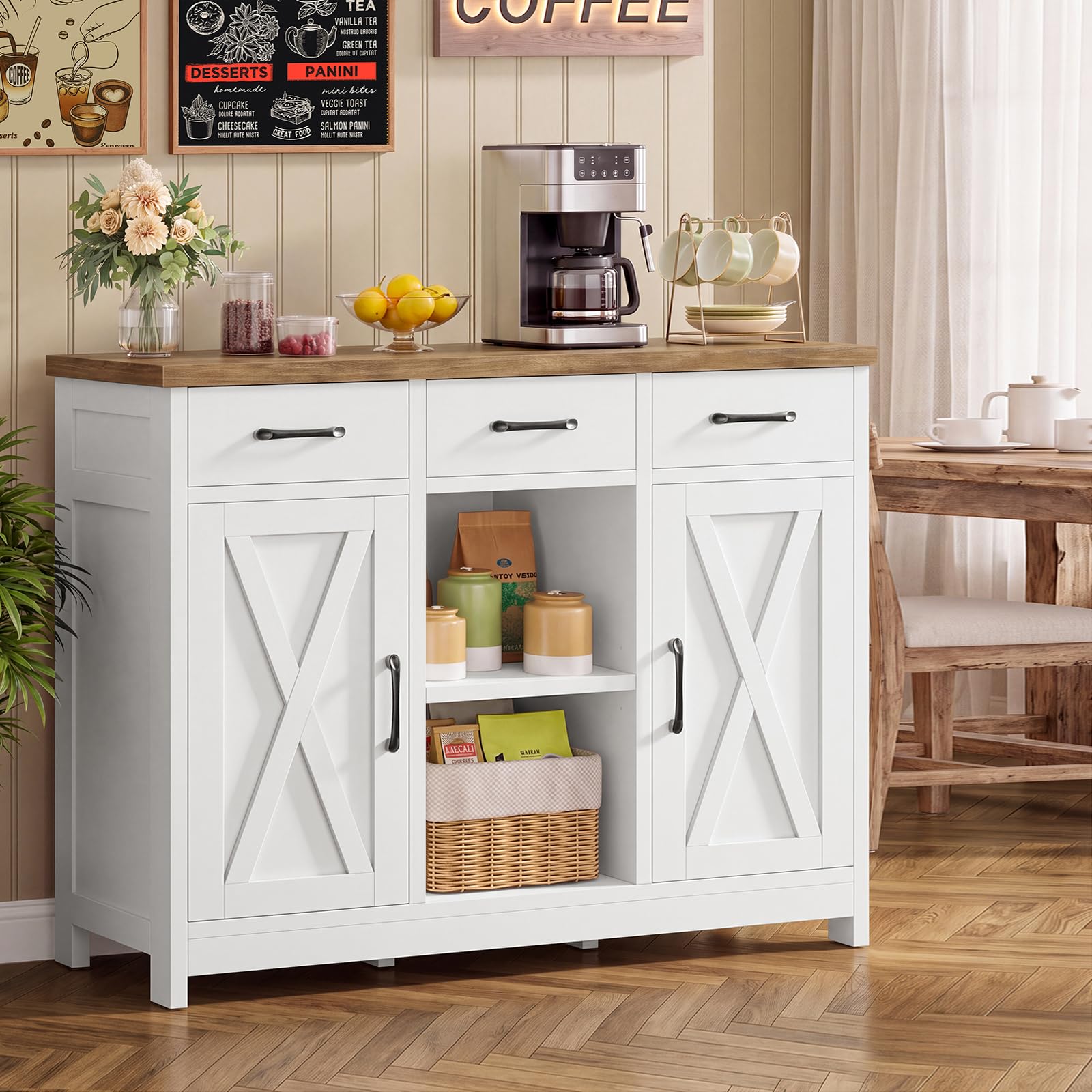 TEENFON Storage Cabinet, Coffee Bar Cabinet with 3 Drawers, 2 Adjustable Shelves &amp; 2 Doors, Buffet Cabinet, Kitchen Cabinet for Kitchen, Dining Room, Living Room, White