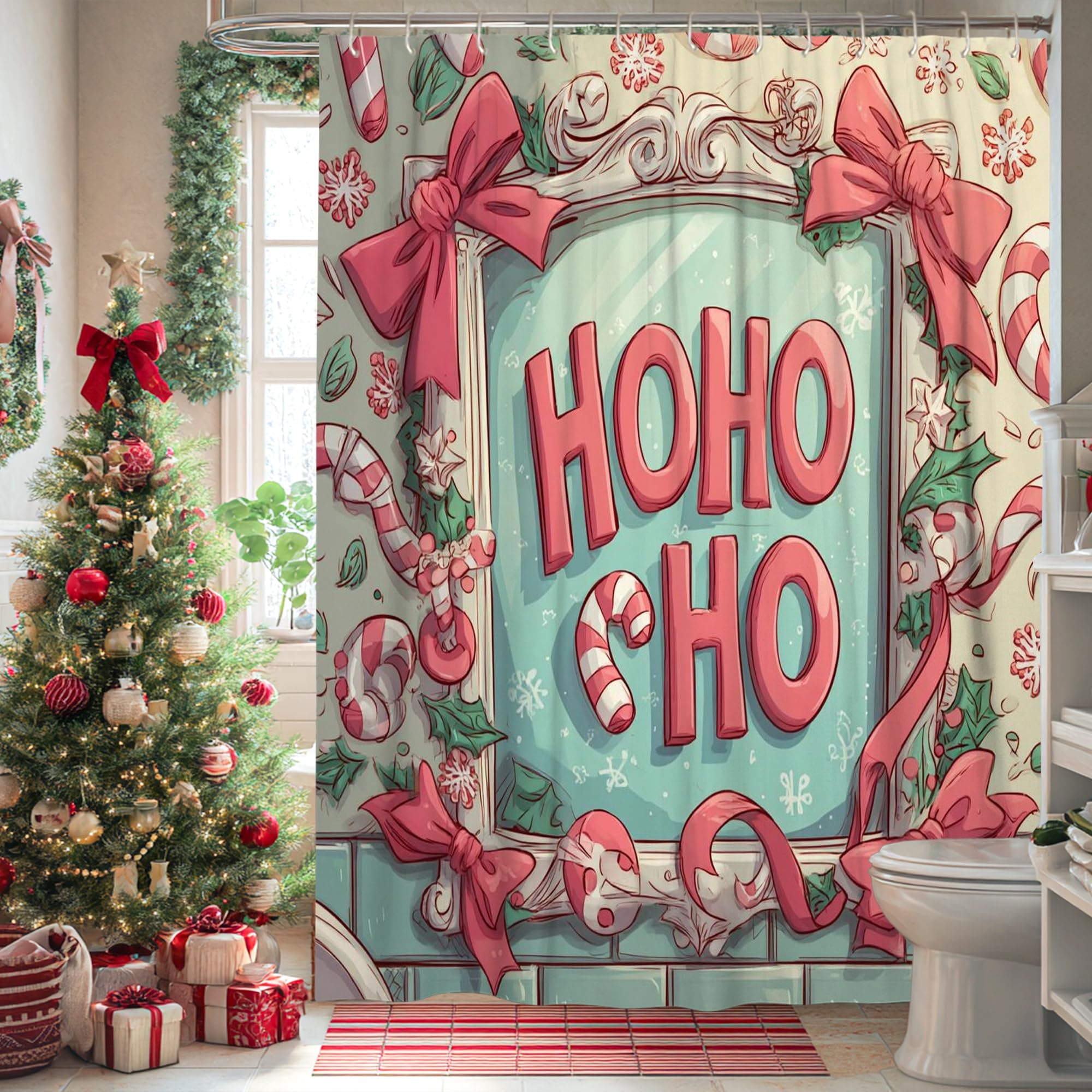 Christmas Shower Curtain, Mint Green Candy Cane Holiday Decor, Festive Winter Bathroom Set with Red Bows and Hooks 72x96 Inch