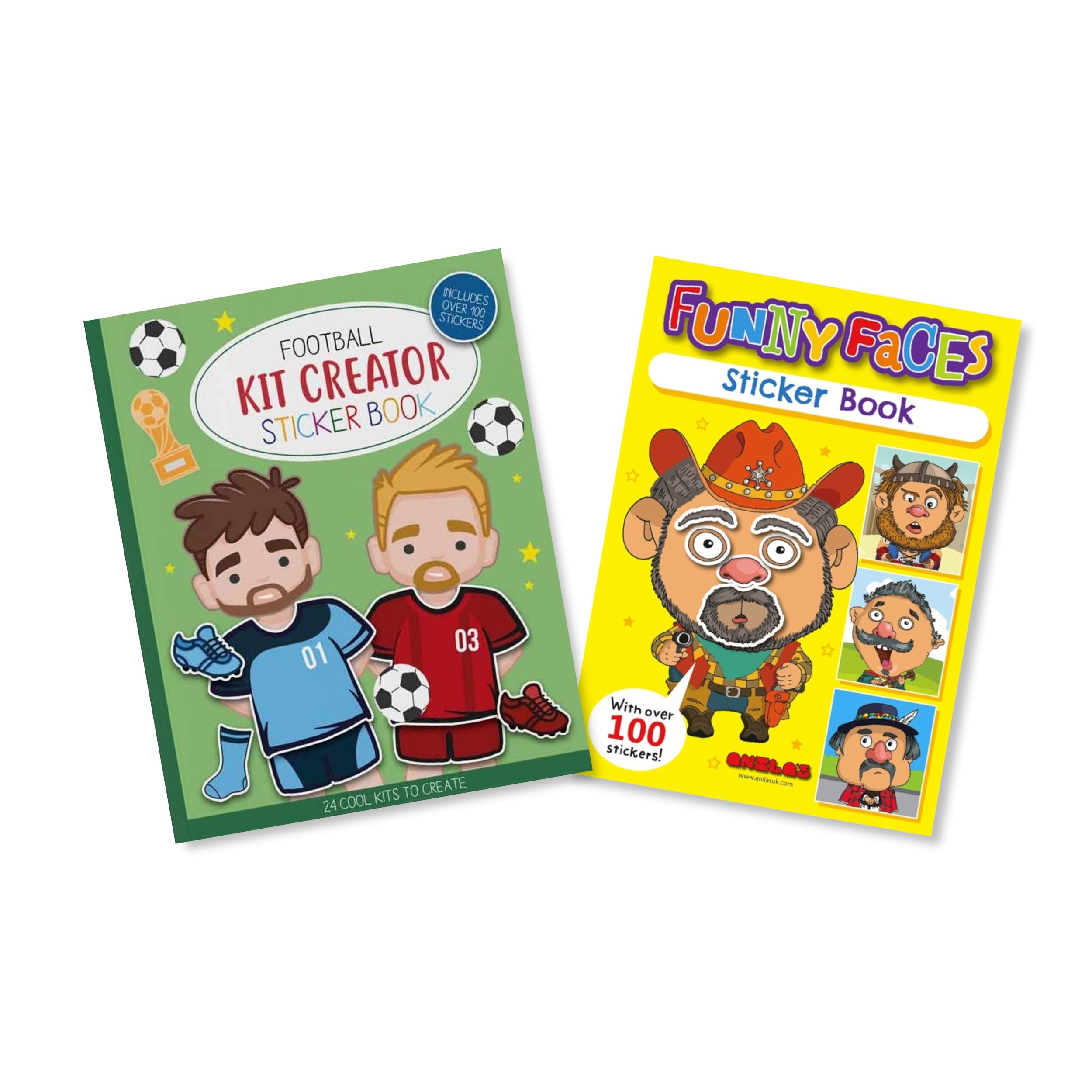 Anilas Set of 2 Books: Funny Faces Sticker Book by Anilas & Football Kit Creator Sticker Book by Eurowrap. Ideal for Children Aged 3-8