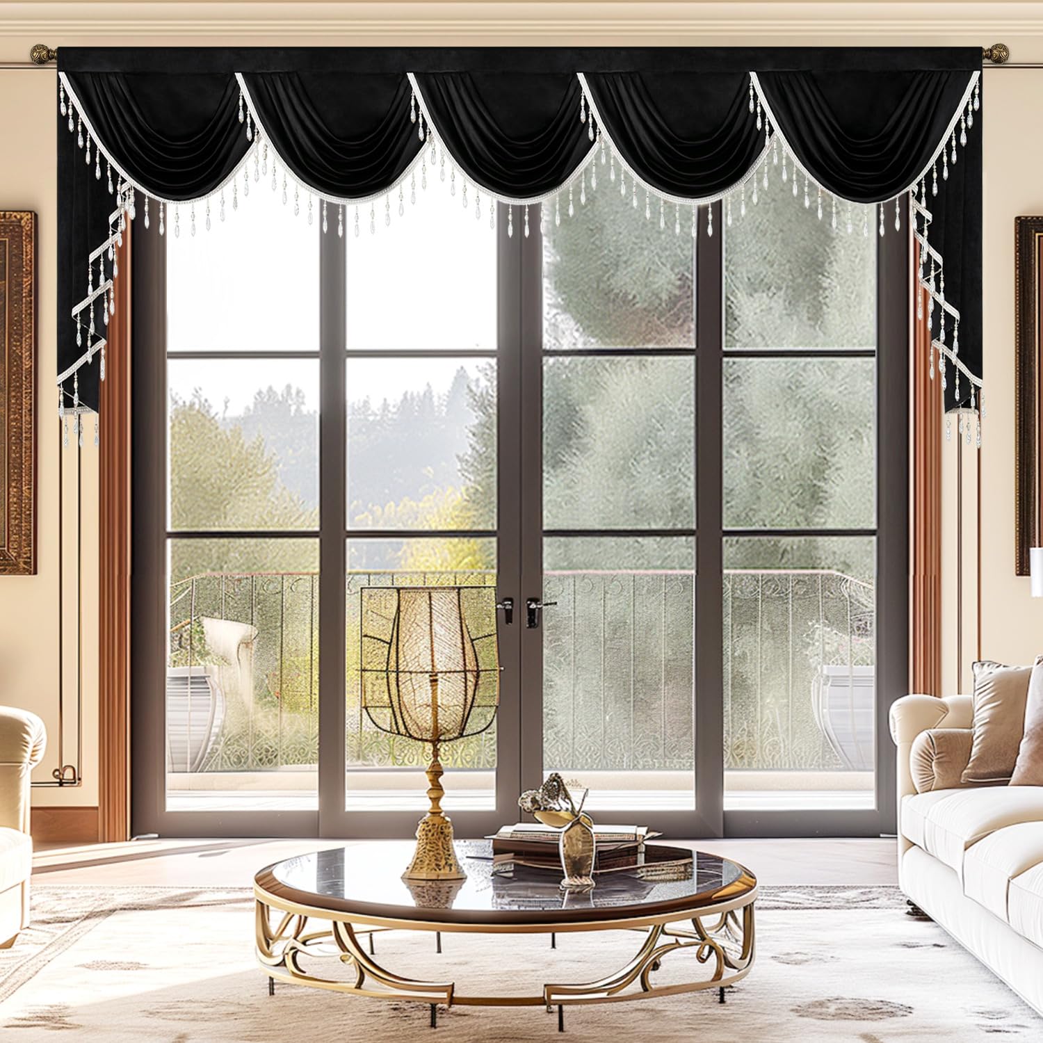 VOGOL Schwarze Wasserfall-Volants für Wohnzimmer, luxuriöser Vintage-Stil, Volant-Vorhänge mit handgefertigten Quasten, Stangentasche, Swag Vorhang für Schlafzimmer, Erkerfenster, B 345 cm, 1 Panel