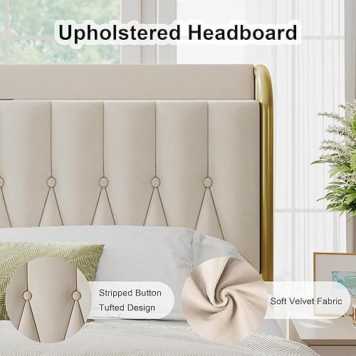 Miniatura 12 de Base de cama de cuero tamaño matrimonial con estación de carga rápida, camas de plataforma de metal con cabecera y estribo tapizados, espacio de