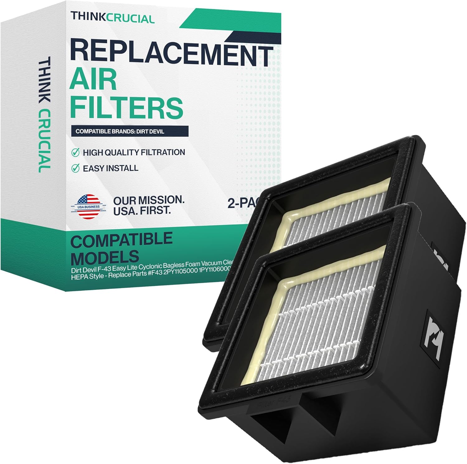 2 Replacement Air Filters - Compatible with Dirt Devil F-43 Easy Lite Cyclonic Bagless Foam Vacuum Cleaner Filter - HEPA Style - Replace Parts #F43 2PY1105000 1PY1106000 (2 Pack)- by Crucial Vacuum