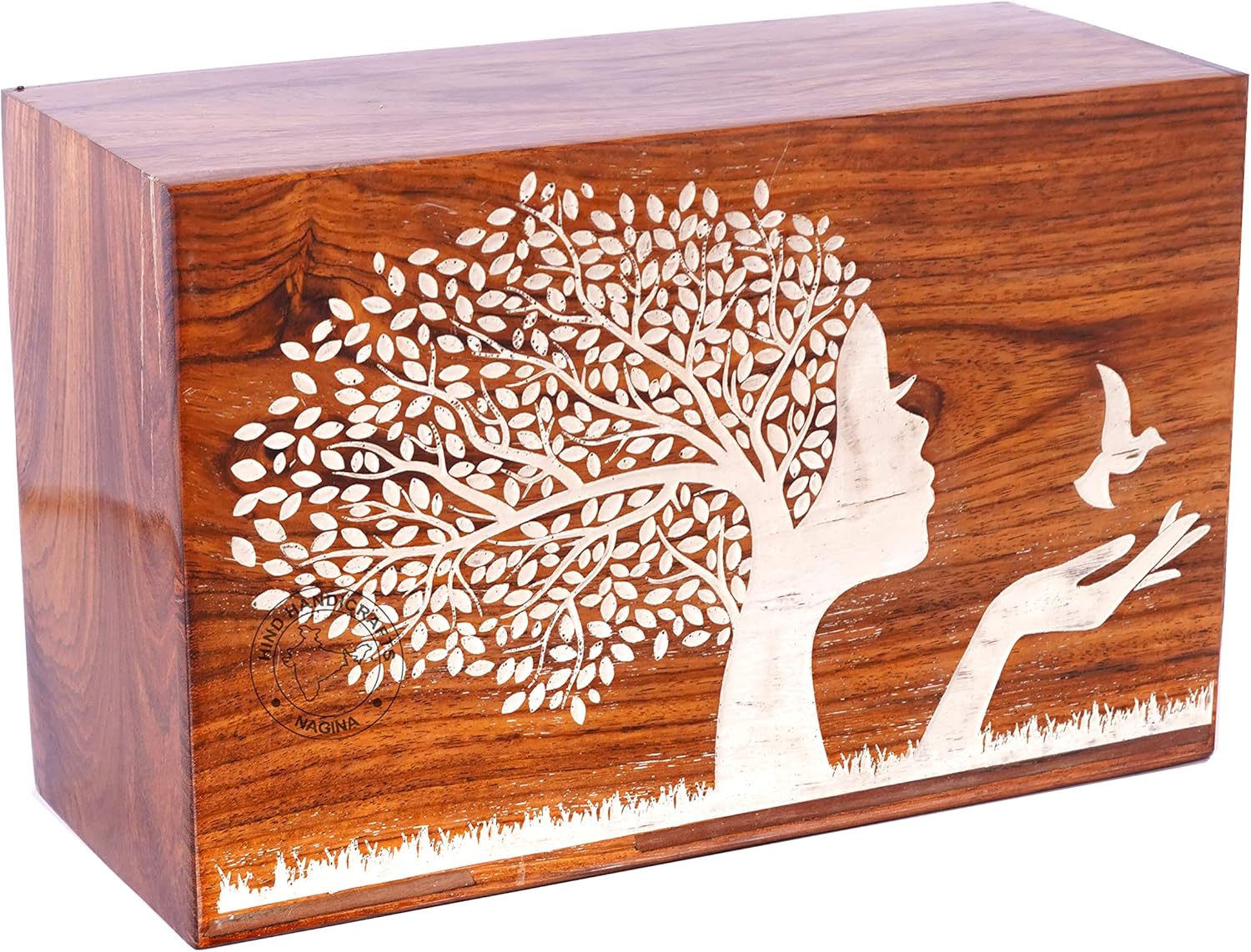 Rosewood Handcrafted Wooden Box Funeral Cremation Urns for Human Ashes Adult Large - Burial Urns for Columbarium - Tree of Life Flying Bird - 250 Cubic Inches