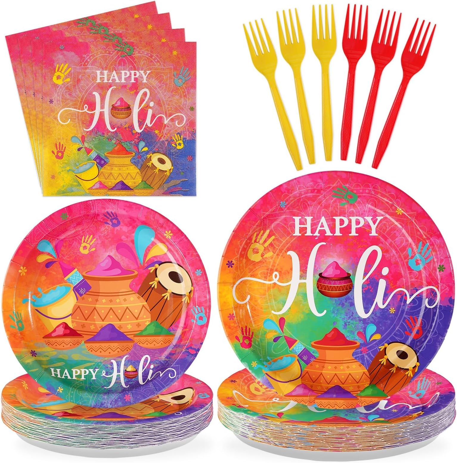 96Pcs Holi Decoration Happy Holi Hai Plates and Napkins India Holiday of Colors Tableware Set for Indian Festival Colorful Graffiti Party Supply Serves 24