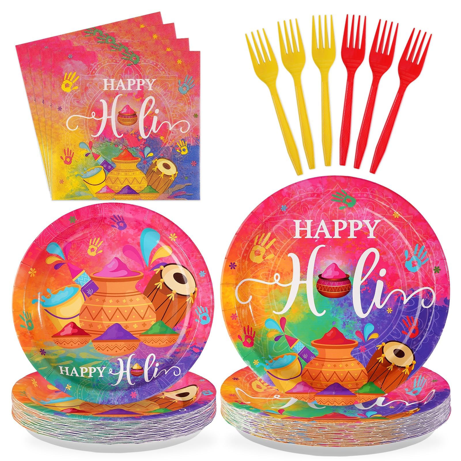 96Pcs Holi Decoration Happy Holi Hai Plates and Napkins India Holiday of Colors Tableware Set for Indian Festival Colorful Graffiti Party Supply Serves 24