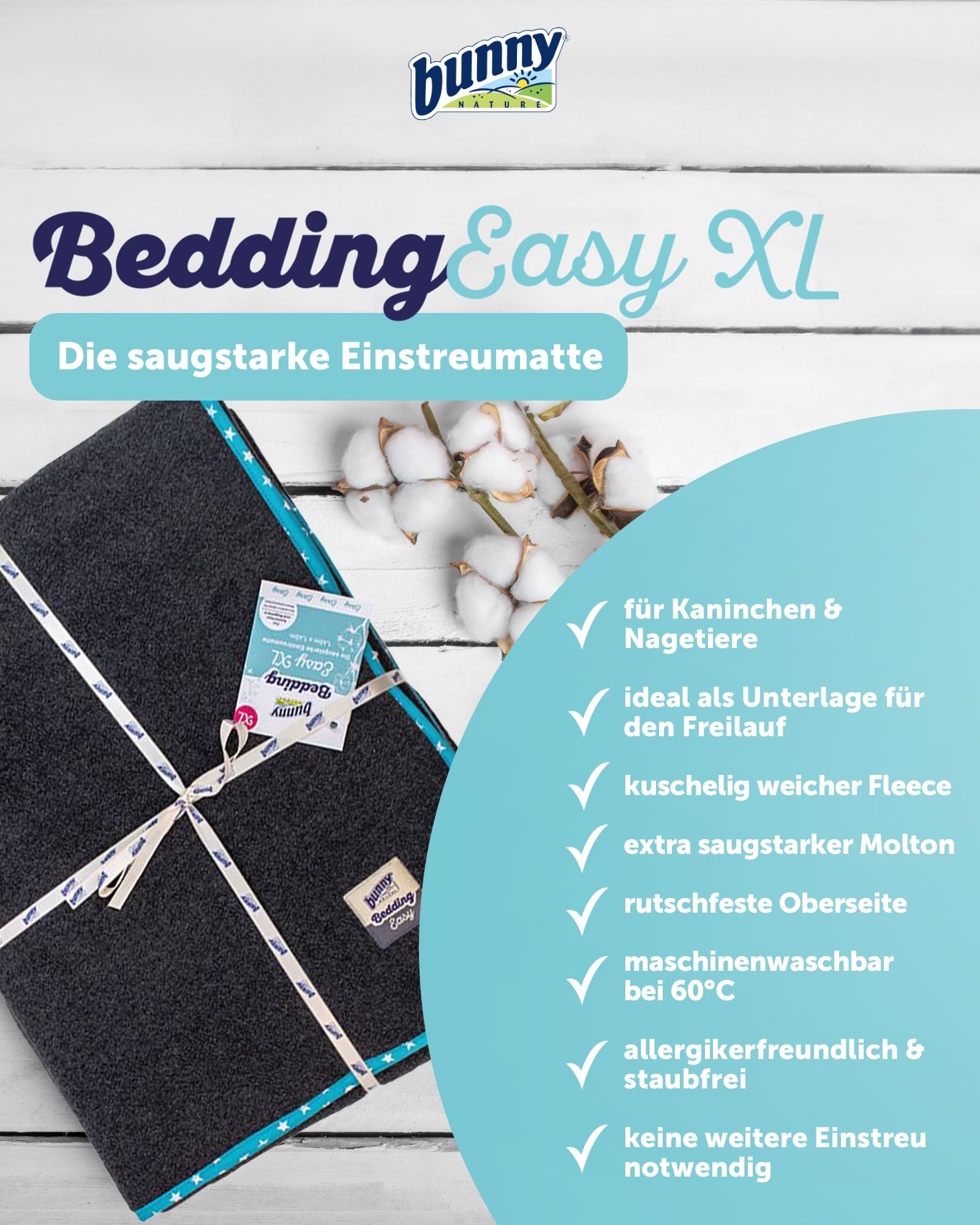 Bunny Nature Bedding Easy Türkis XL - Waschbare PIPI-Pads für Meerschweinchen, Kaninchen - Kleintier Decke - Weicher Fleece & Saugstarker Molton - Antiallergisch