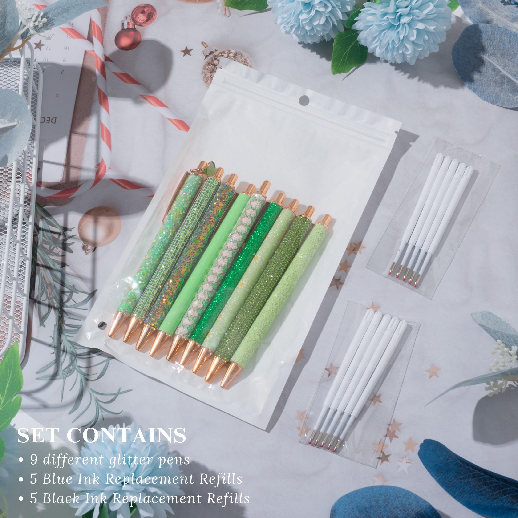 mumrap 9 Pcs Sparkly Pens for Women Fancy Pens with 10 Pcs Black Ink Refills Glitter Pretty pen sets for Ladies Office School Gifts(Green) - Image 3