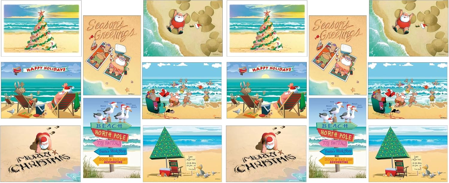 Stonehouse Collection Beach Christmas Card Variety Pack - 24 Beachy Cards & Envelopes - 8 Designs, 3 Cards Per Design - Assortment #1 (Pack of 2)