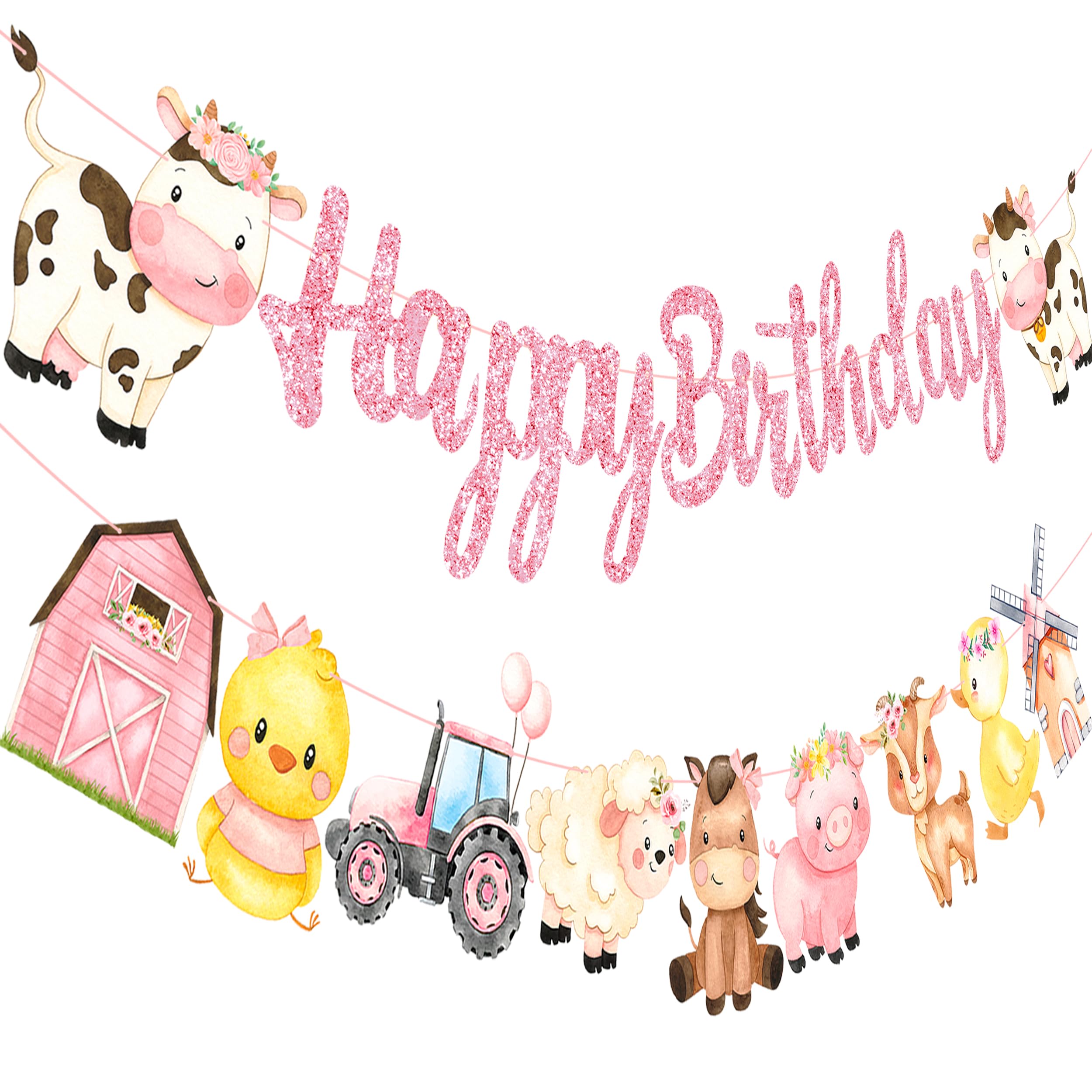 Pancartas de cumpleaños con temática de granja con purpurina rosa