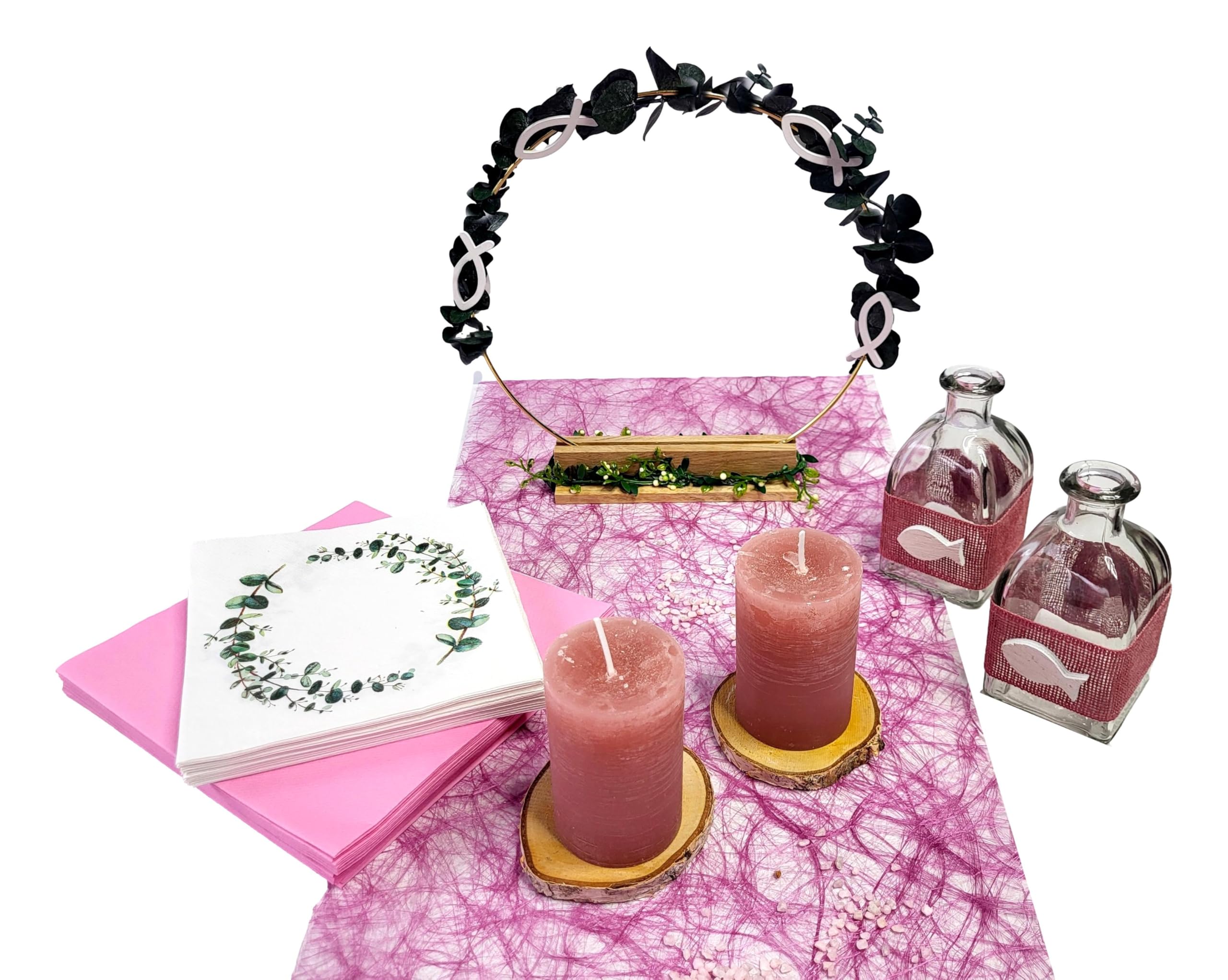 Tischdeko Kommunion Konfirmation Set für 20 Personen Rosa Pink Fisch Vasen Tischband